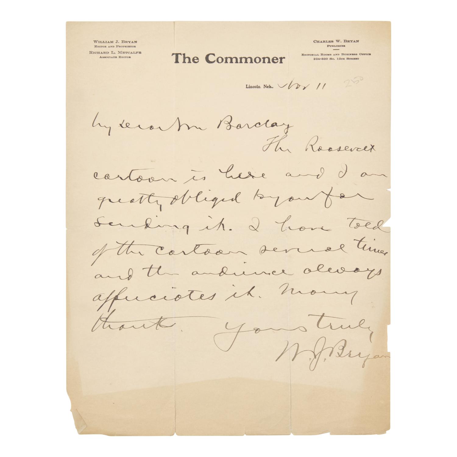 [Americana] Bryan, William Jennings. Autograph Letter, signed.