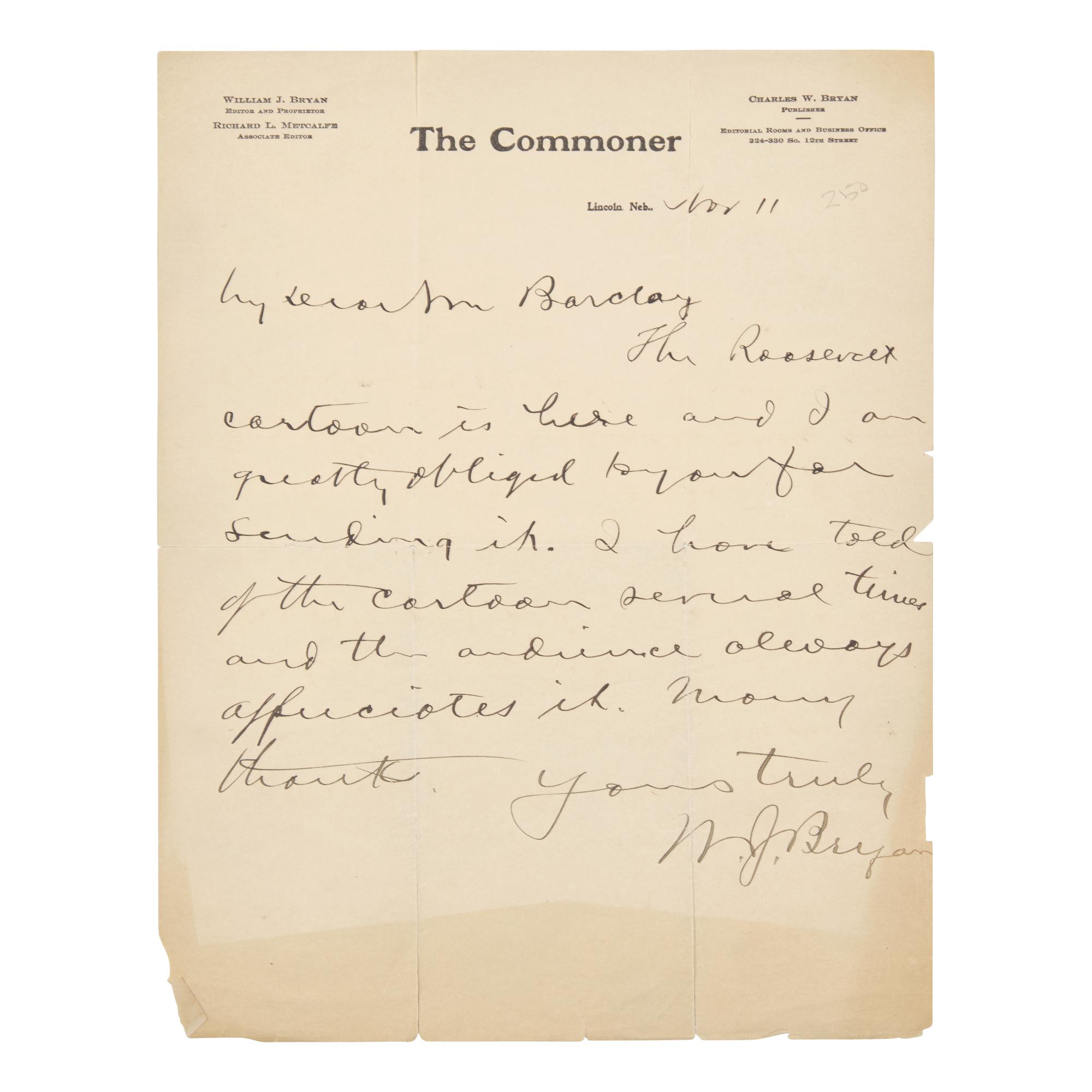 [Americana] Bryan, William Jennings. Autograph Letter, signed.