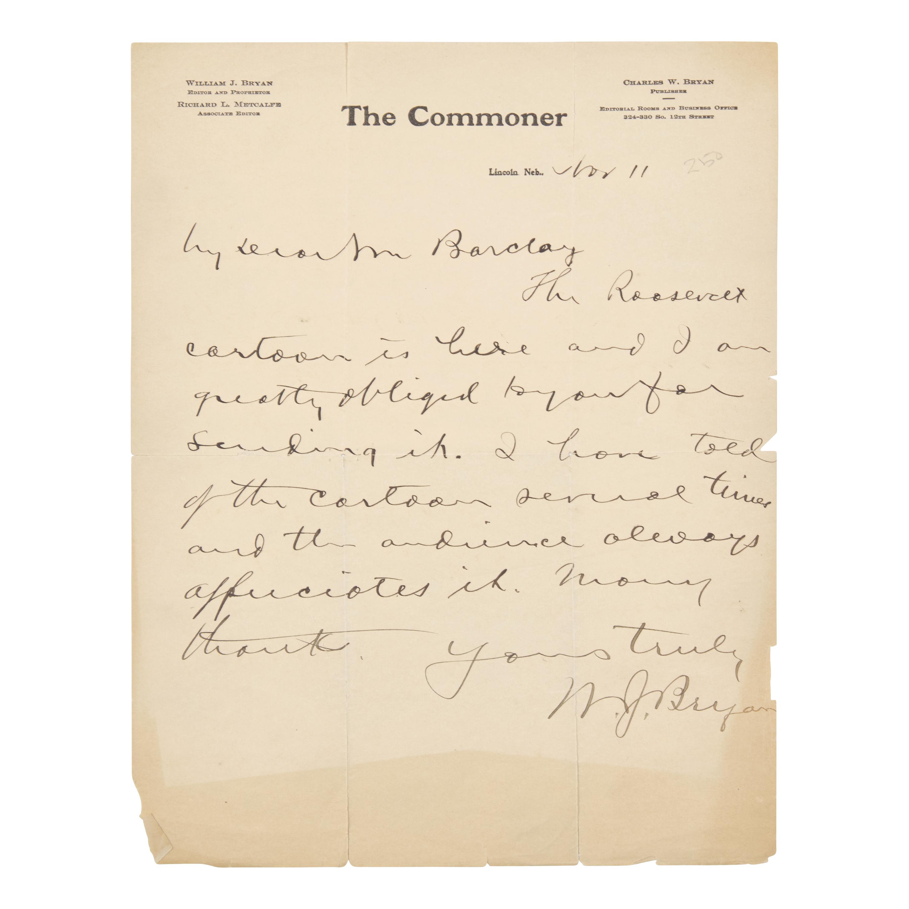[Americana] Bryan, William Jennings. Autograph Letter, signed.