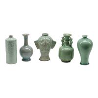 A Group of Five Chinese Celadon Porcelain Vases