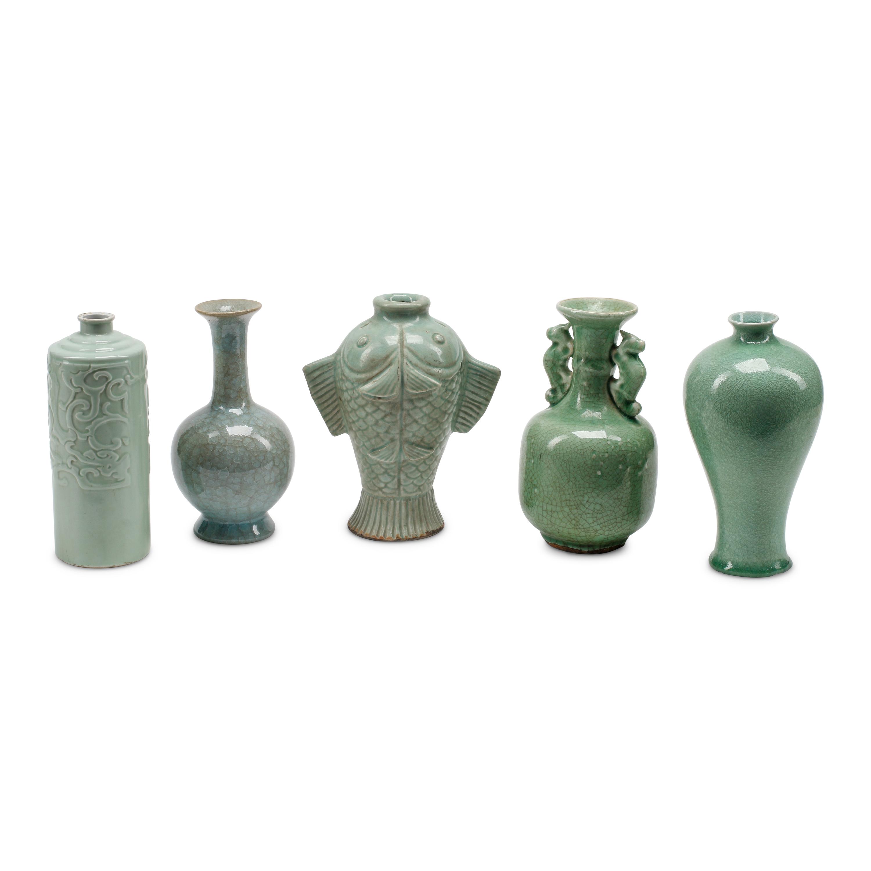 A Group of Five Chinese Celadon Porcelain Vases