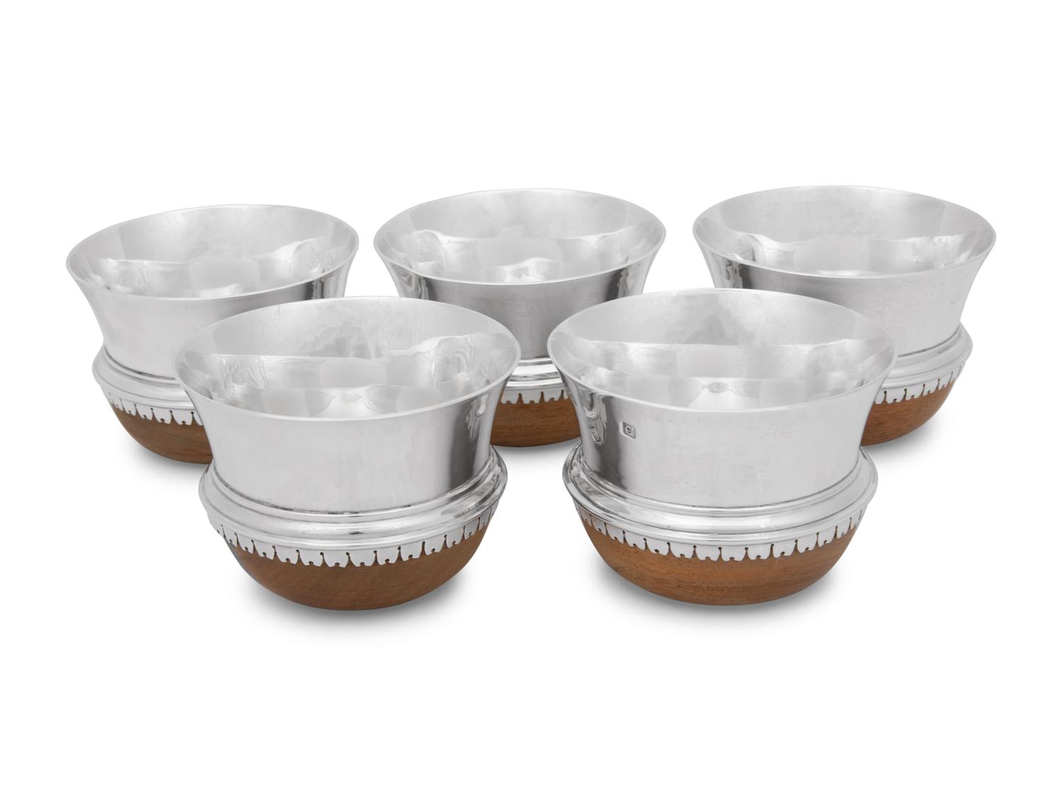 An English Silver-Mounted Mazer-Form Punch Bowl and Cups