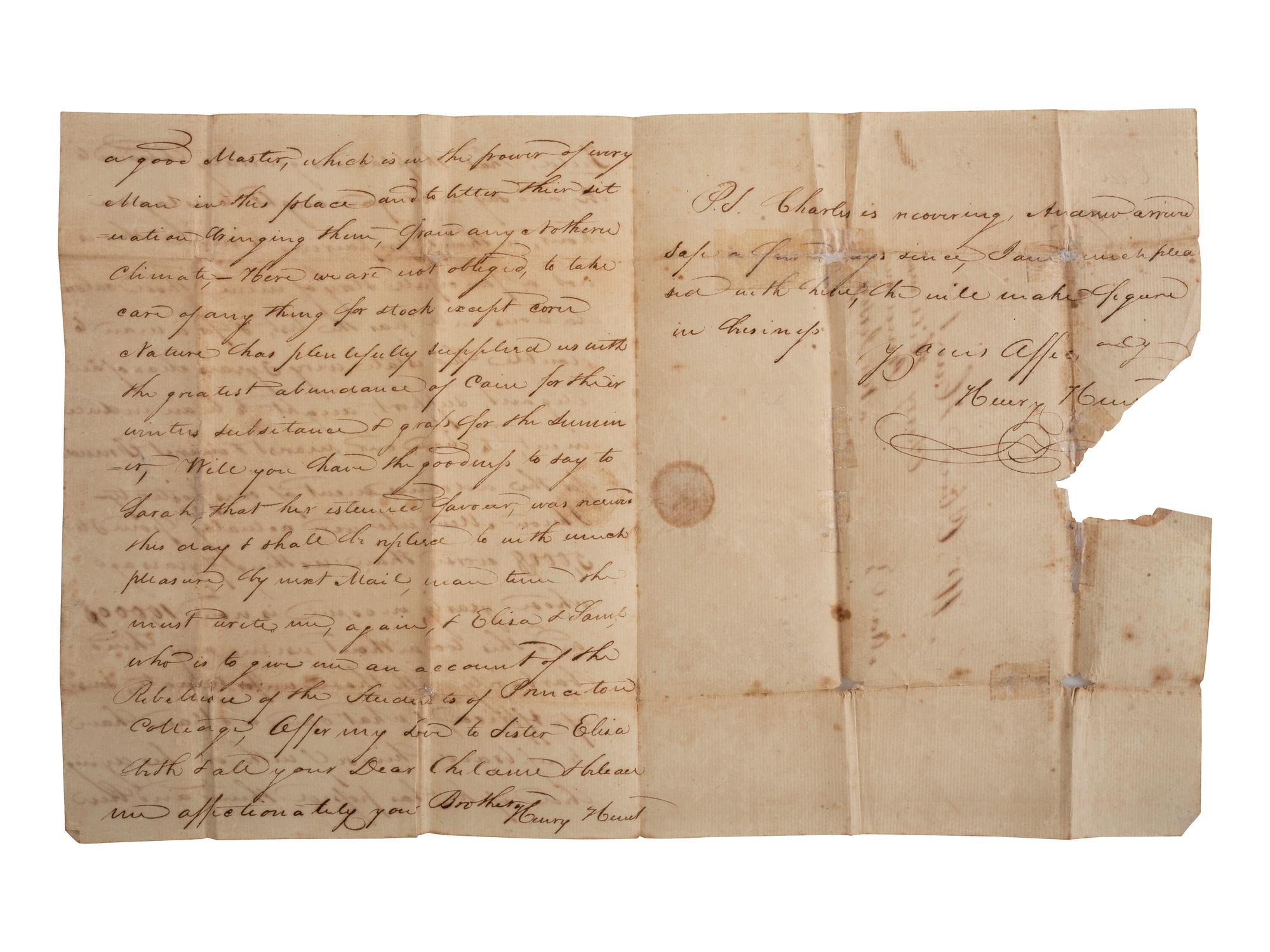 [SLAVERY & ABOLITION]. HUNT, Henry. Autograph letter signed ("Henry Hunt"). Natchez, MS, 22 June 1807. Discussing enslaved people with rare straight line "Natchez" postmarked cover.