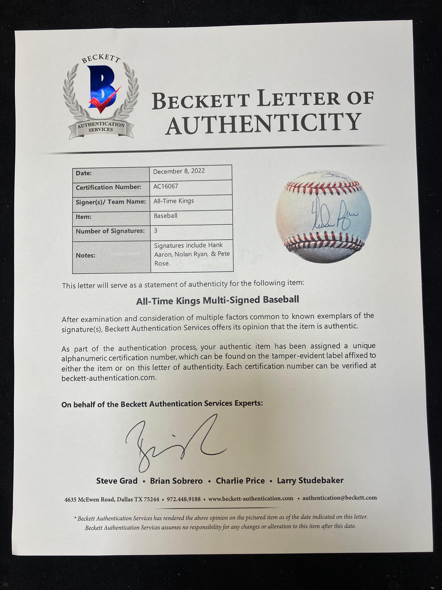 A Kings of Baseball Signed Autograph Display Featuring Pete Rose, Nolan Ryan and Hank Aaron (Beckett Authentication Services Letter),