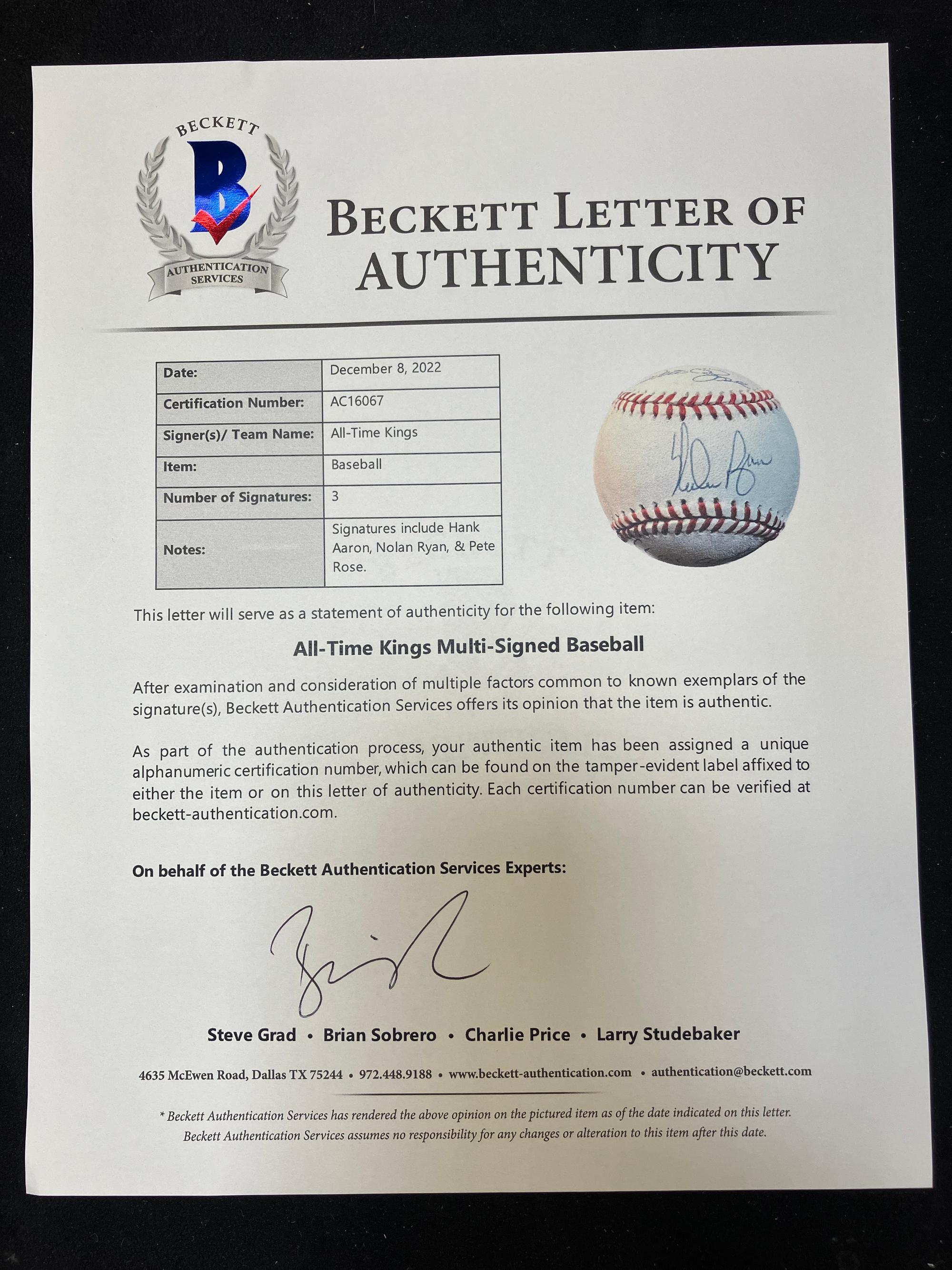 A Kings of Baseball Signed Autograph Display Featuring Pete Rose, Nolan Ryan and Hank Aaron (Beckett Authentication Services Letter),