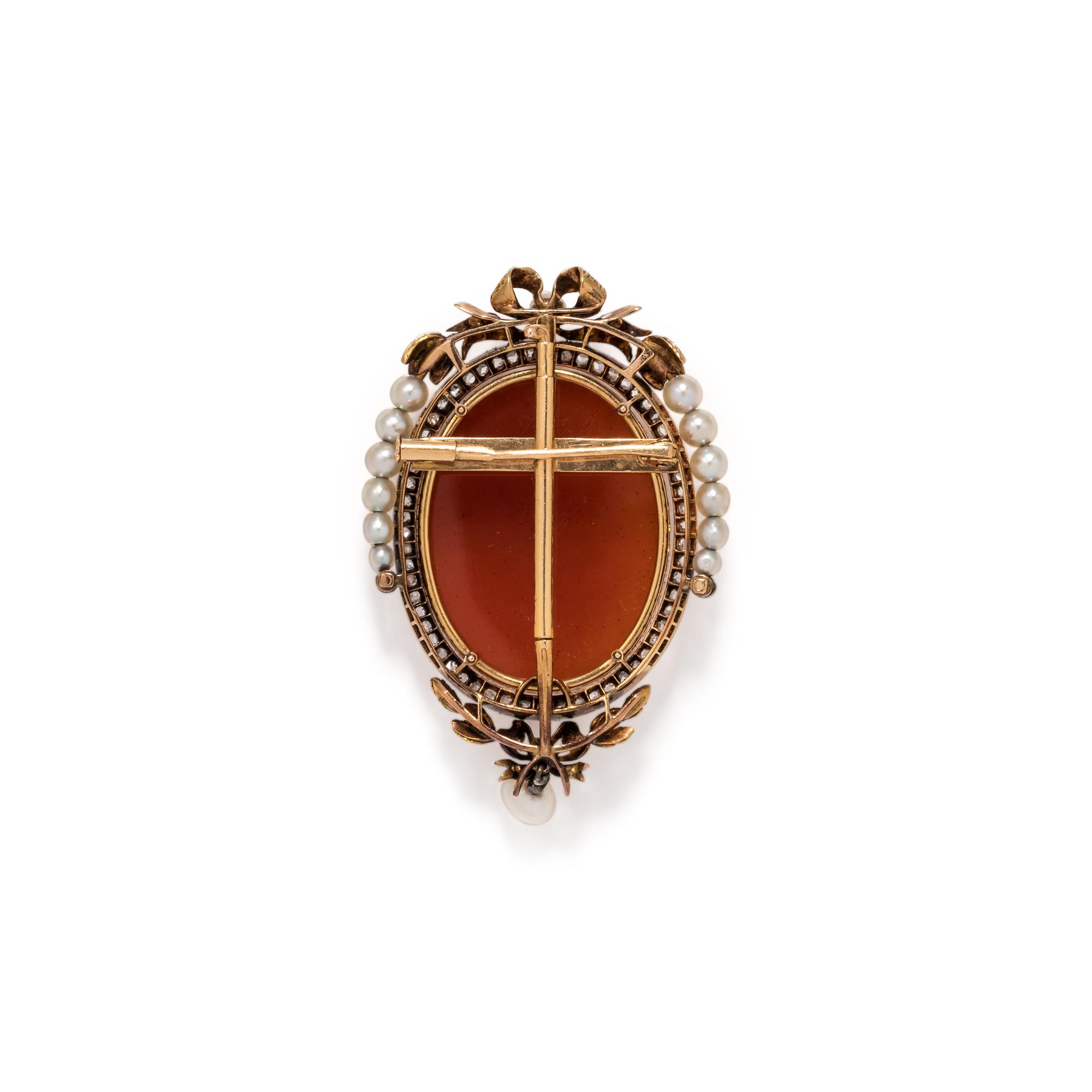 ANTIQUE, FRENCH, AGATE CAMEO, PEARL AND DIAMOND BROOCH
