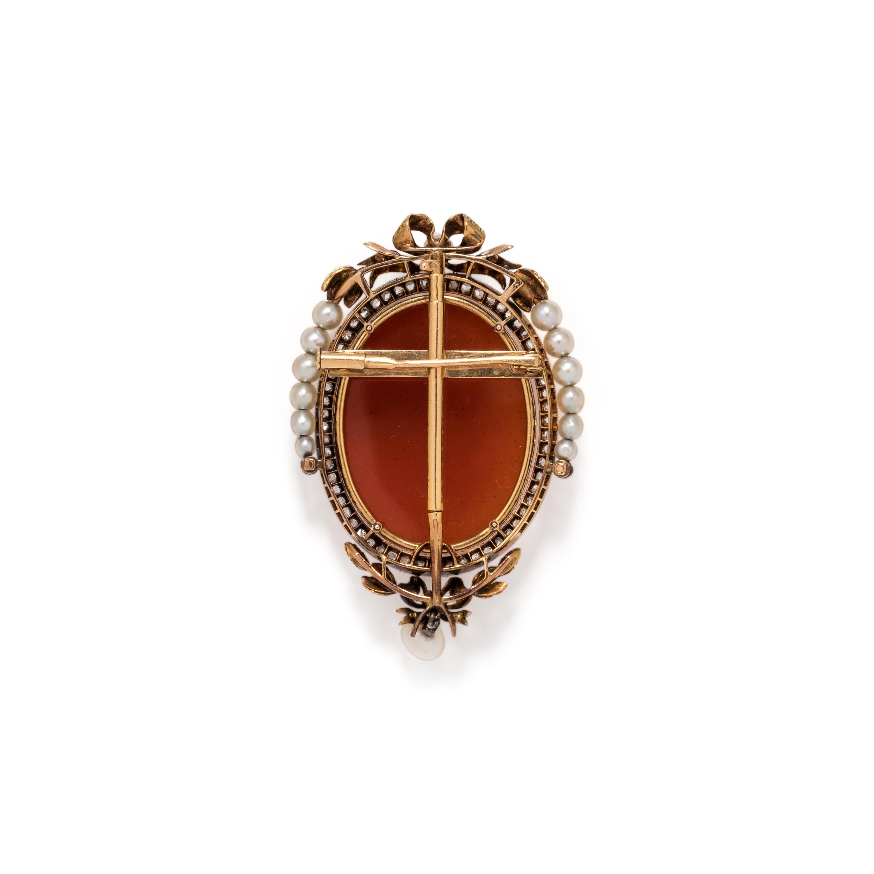 ANTIQUE, FRENCH, AGATE CAMEO, PEARL AND DIAMOND BROOCH