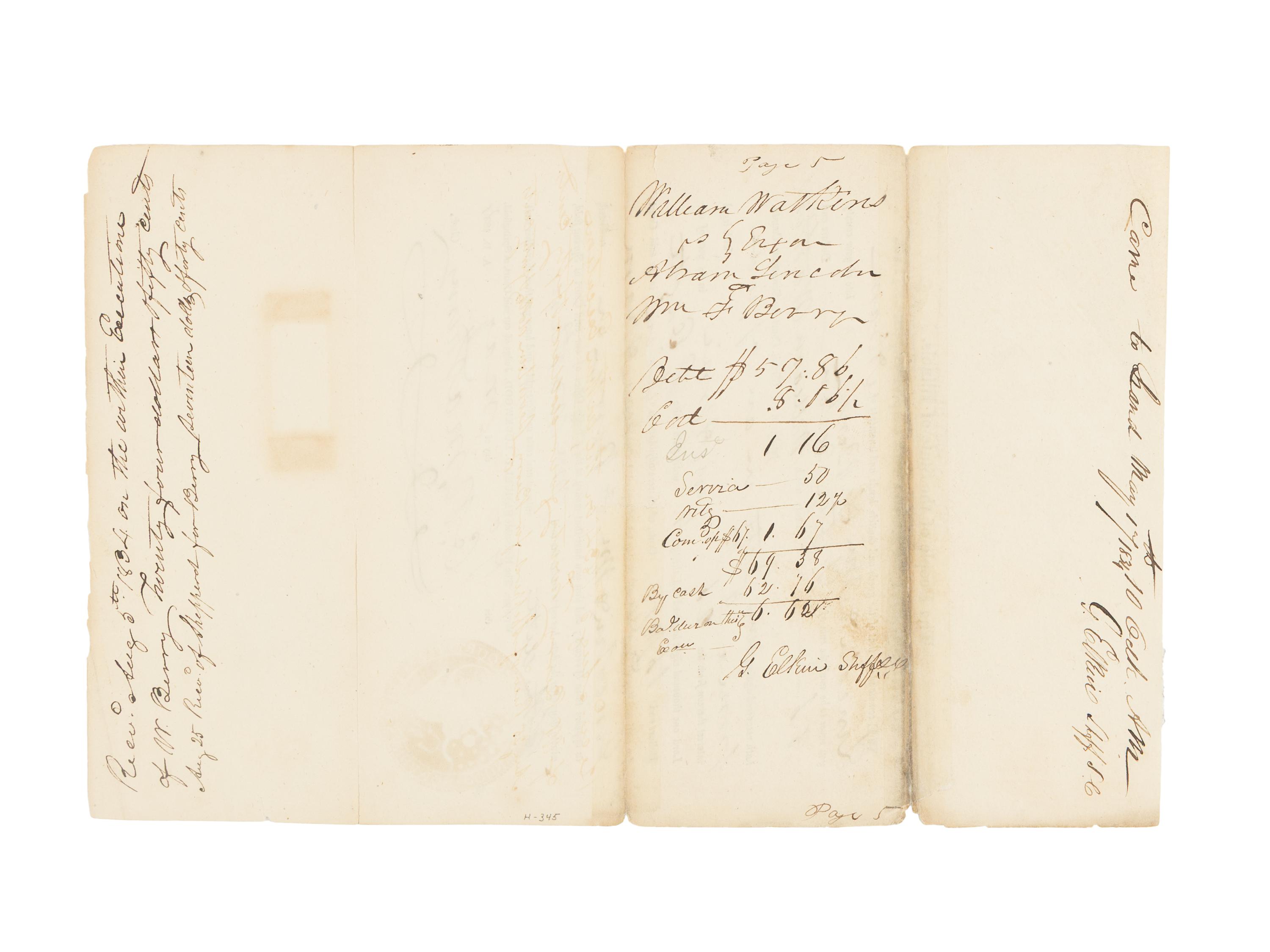 [LINCOLN, Abraham (1809-1865) and William F. BERRY (1811-1835)]. MATHENY, Charles R. Partially printed document, signed ("C.R. Matheny"). Springfield, Illinois, 7 May 1834.