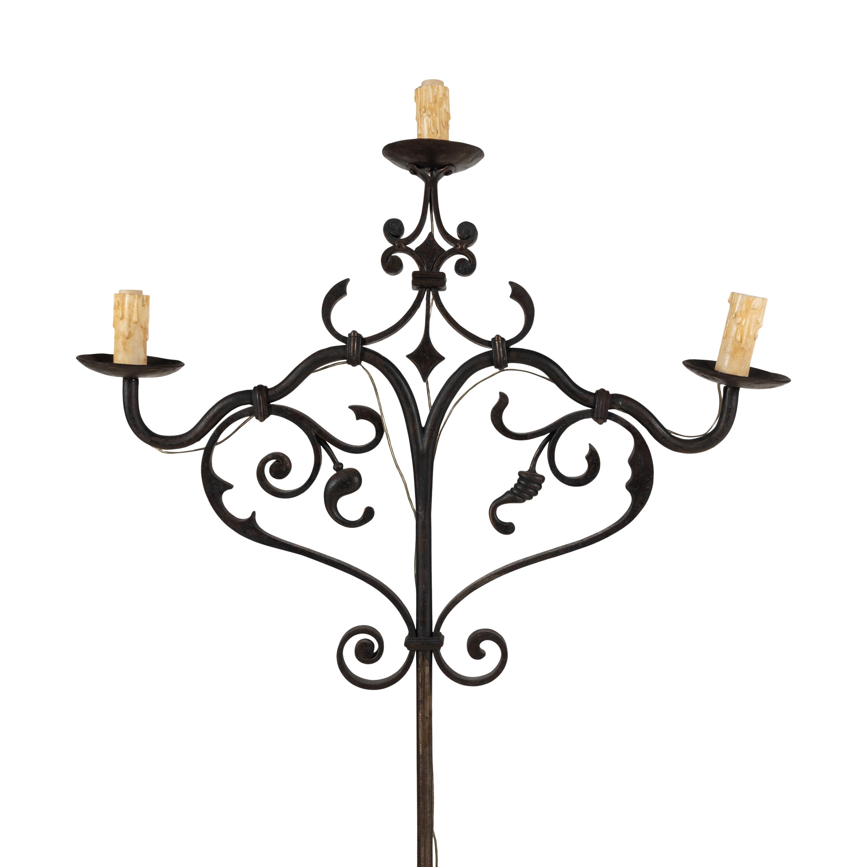 An Iron Three-Light Floor Candelabrum