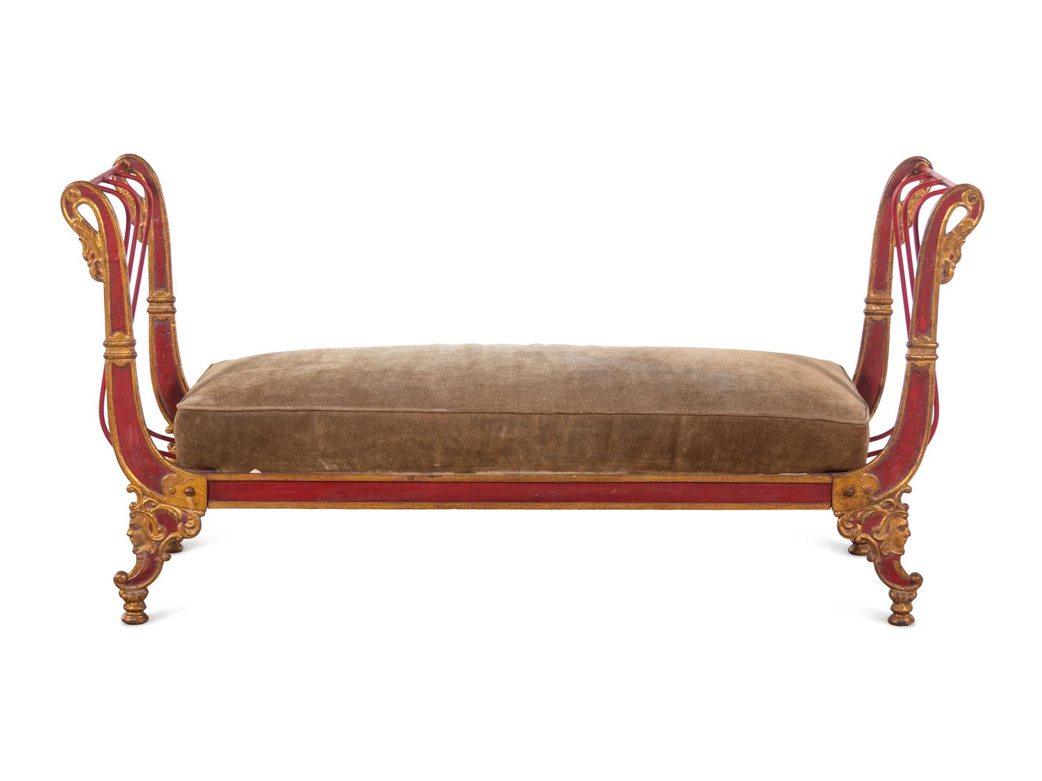 An Empire Style Painted and Parcel Gilt Metal Bench