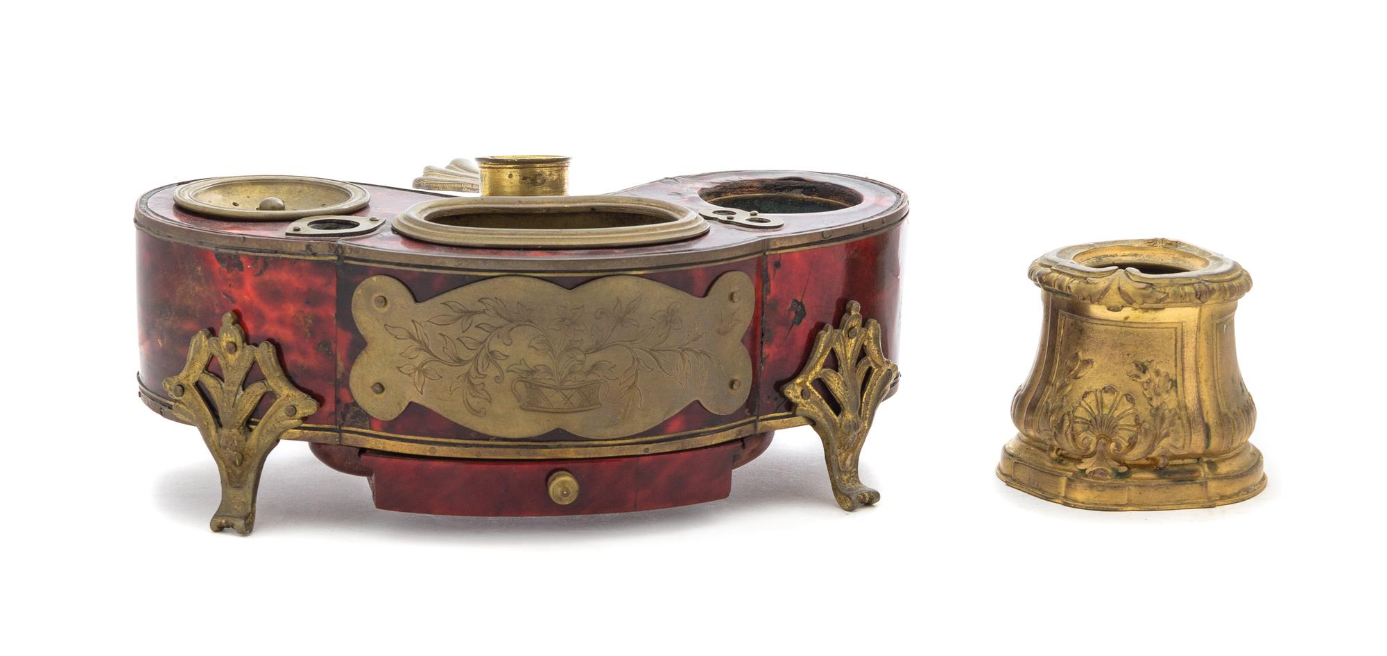 A Gilt Bronze Mounted Tortoise Shell Veneered Inkstand Width 8 1/4 inches.