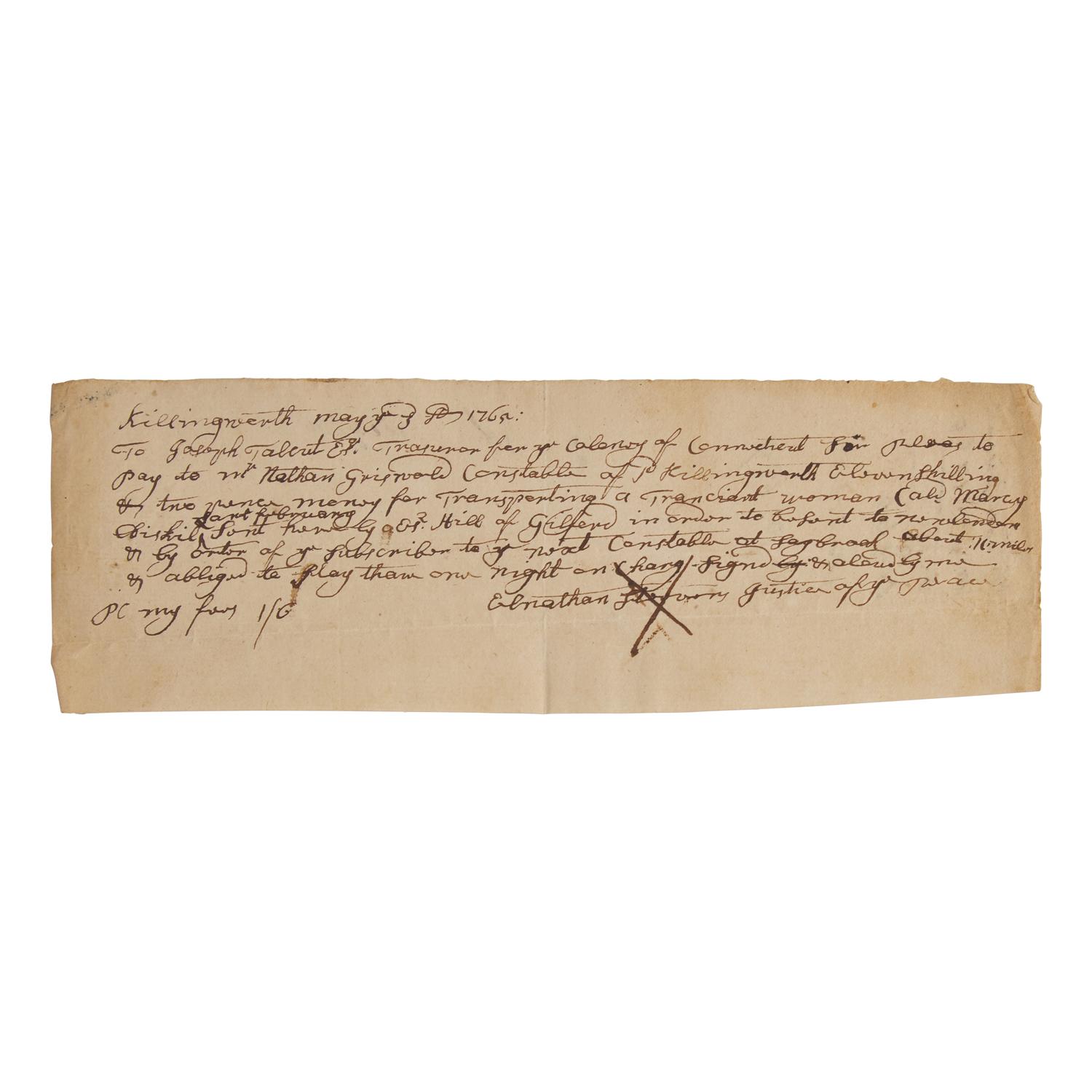 [Colonial America] Manuscript Pay Order for Transporting a Transient Woman to New London, Connecticut