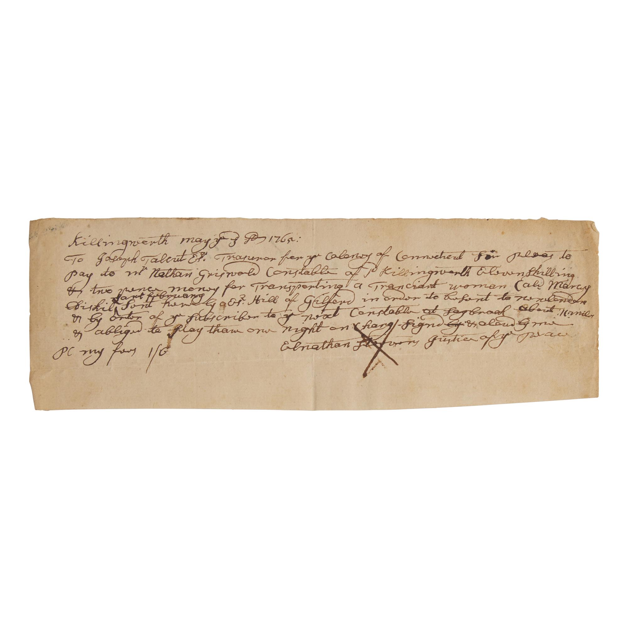 [Colonial America] Manuscript Pay Order for Transporting a Transient Woman to New London, Connecticut
