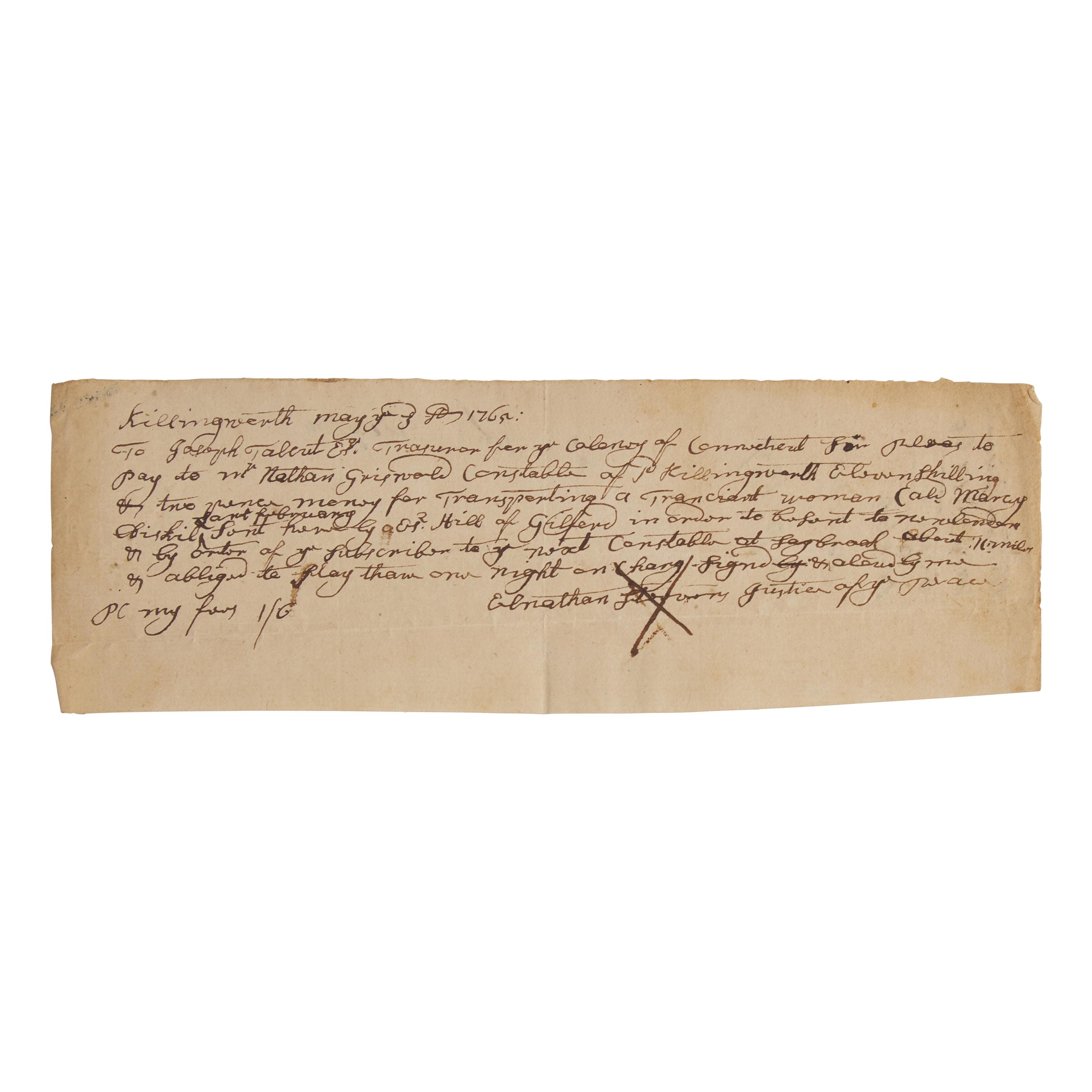 [Colonial America] Manuscript Pay Order for Transporting a Transient Woman to New London, Connecticut