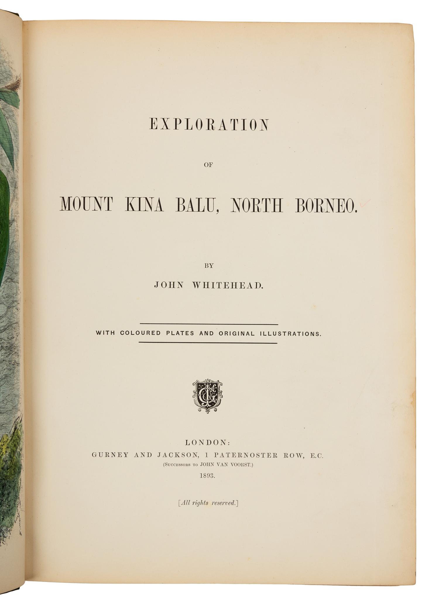 WHITEHEAD, John (1860-1899). The Exploration of Kina Balu, North Borneo. London: Gurney & Jackson, 1893. FIRST EDITION.