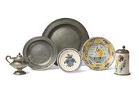 A Group of Six Delft, Tin-Glazed Earthenware, and Pewter Tablewares