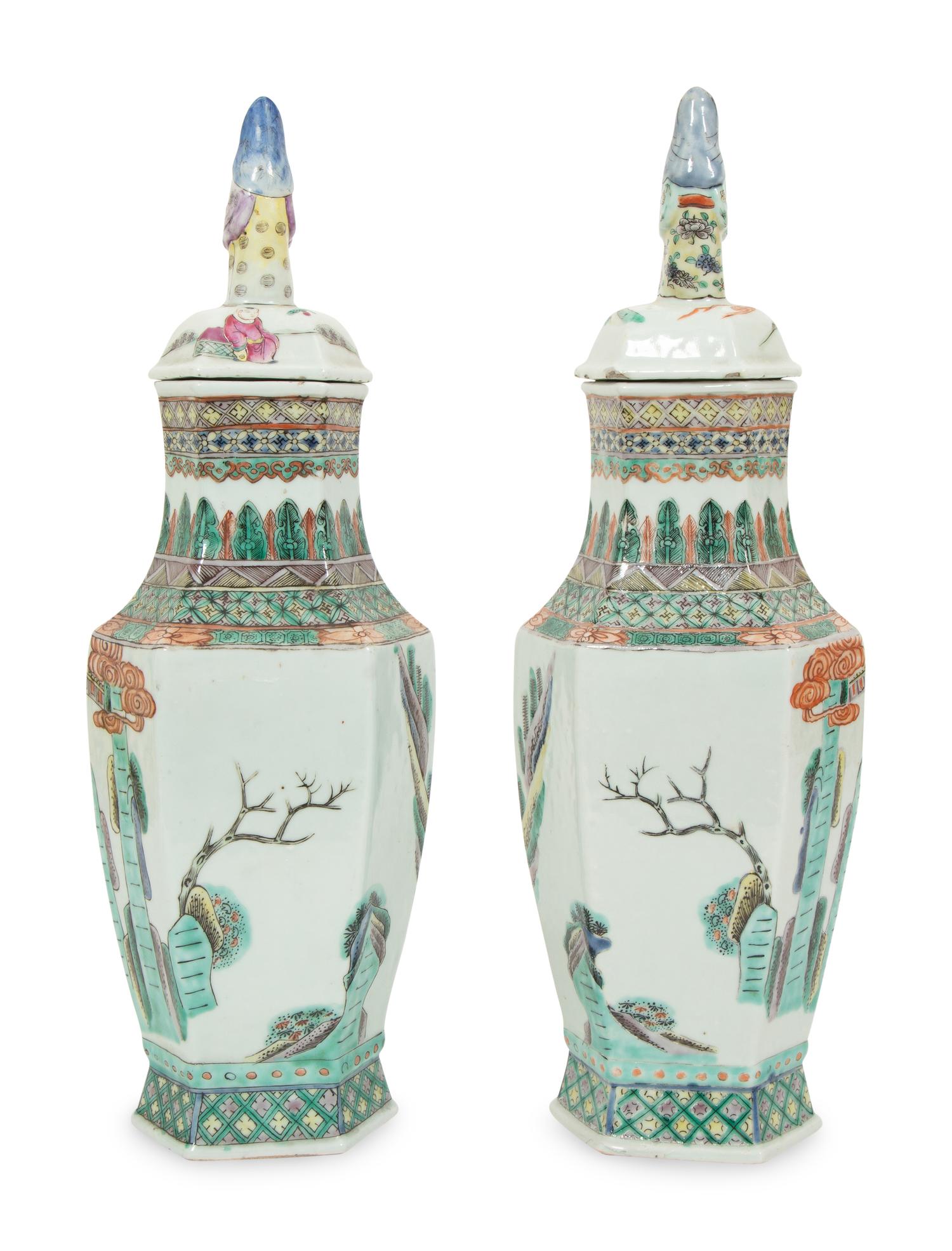 A Pair of Chinese Famille Verde Porcelain Lidded Vases