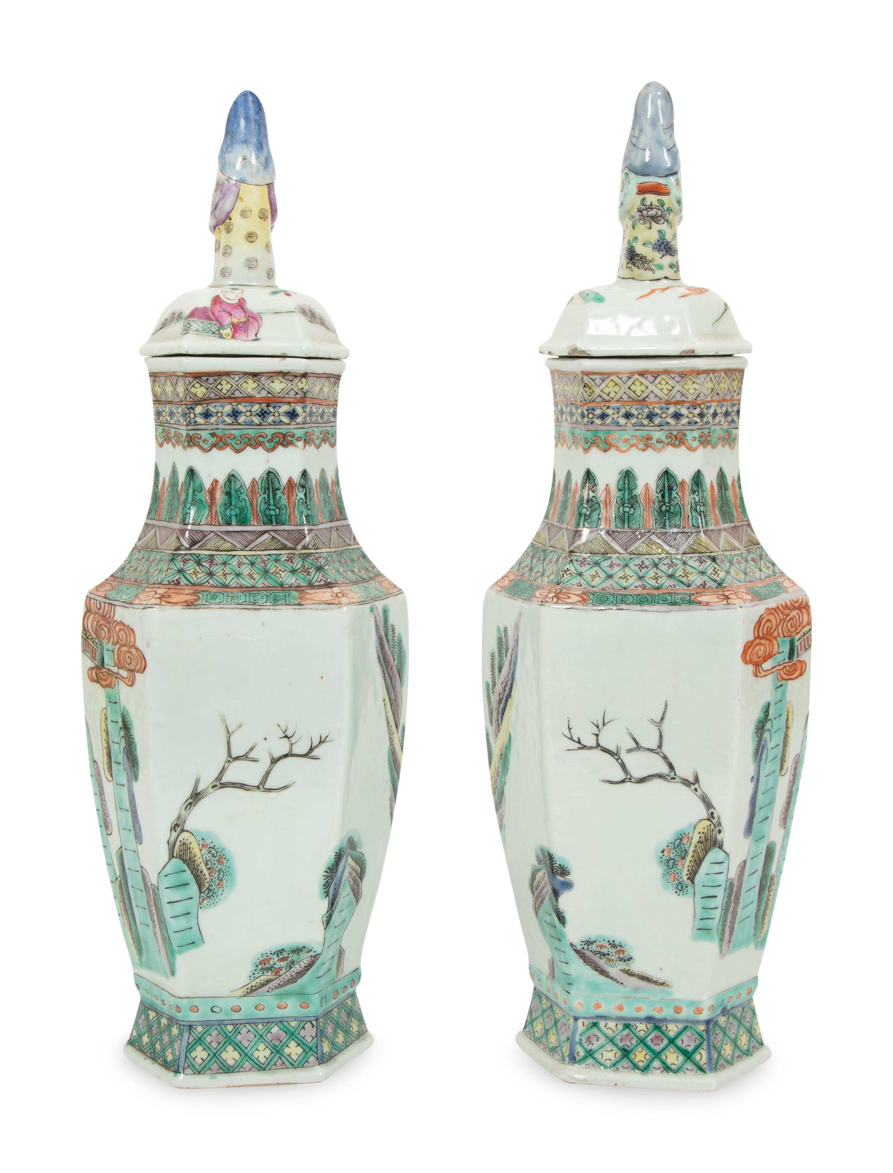 A Pair of Chinese Famille Verde Porcelain Lidded Vases