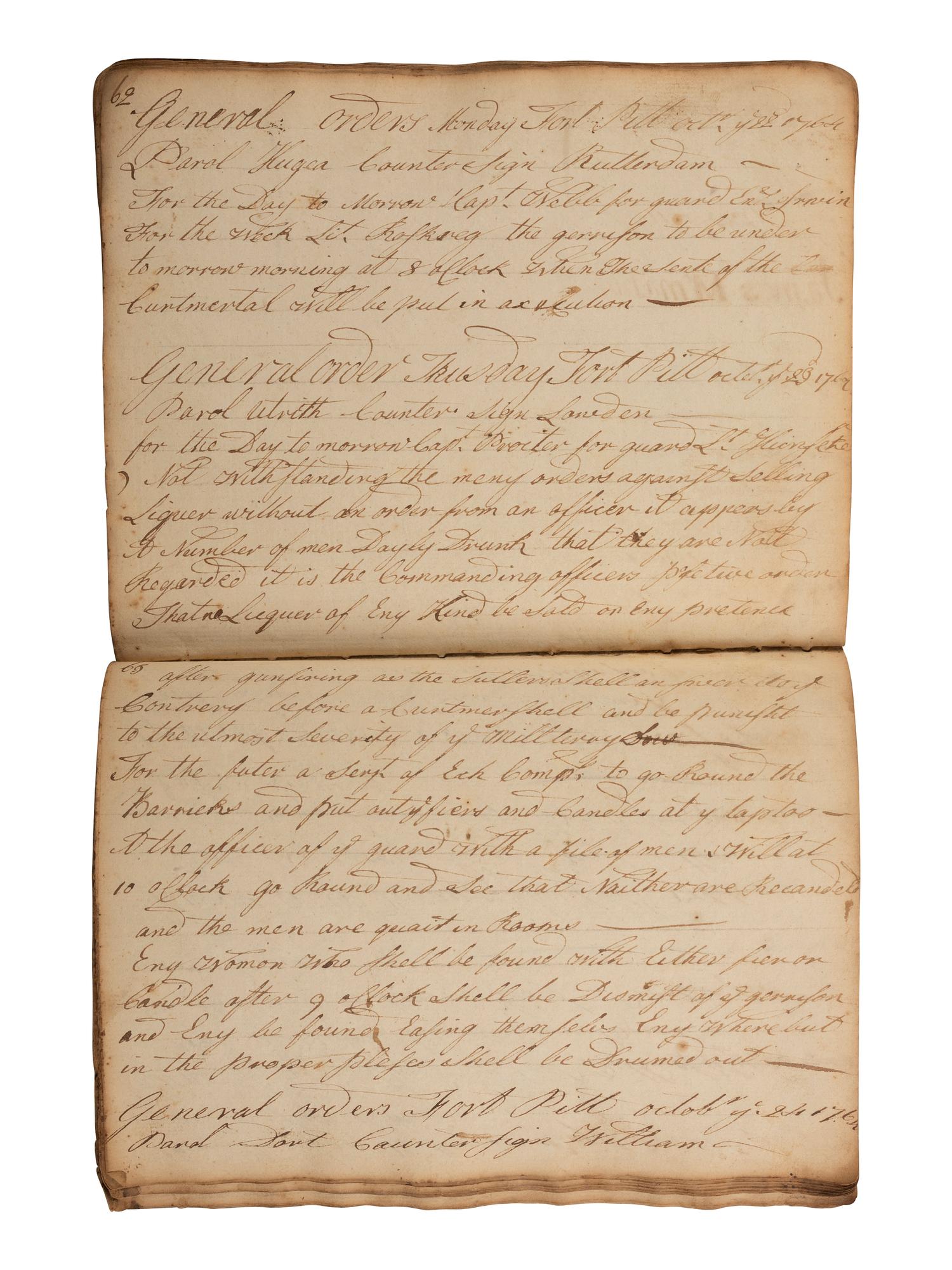 [PONTIAC'S WAR]. Manuscript orderly book chronicling the daily march of Colonel Henry Bouquet's force of British, Pennsylvania and Virginia volunteers. August-November, 1764.