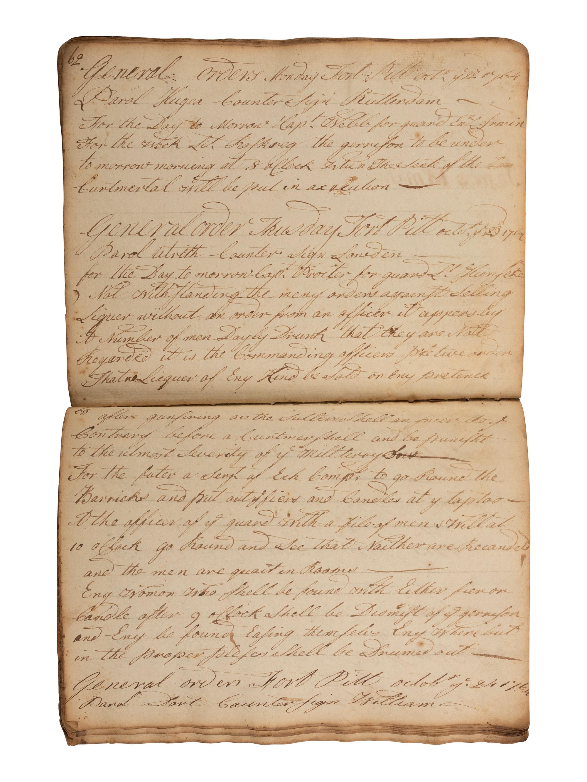 [PONTIAC'S WAR]. Manuscript orderly book chronicling the daily march of Colonel Henry Bouquet's force of British, Pennsylvania and Virginia volunteers. August-November, 1764.