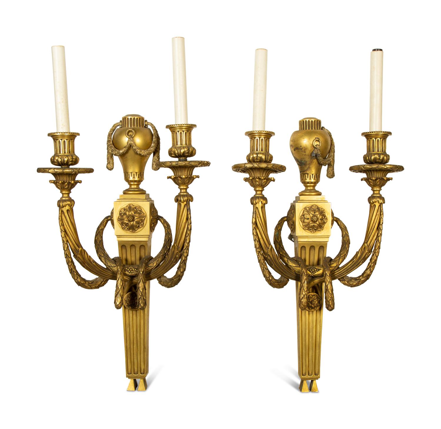 A Pair of Louis XVI Style Gilt Bronze Two-Light Sconces