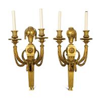 A Pair of Louis XVI Style Gilt Bronze Two-Light Sconces