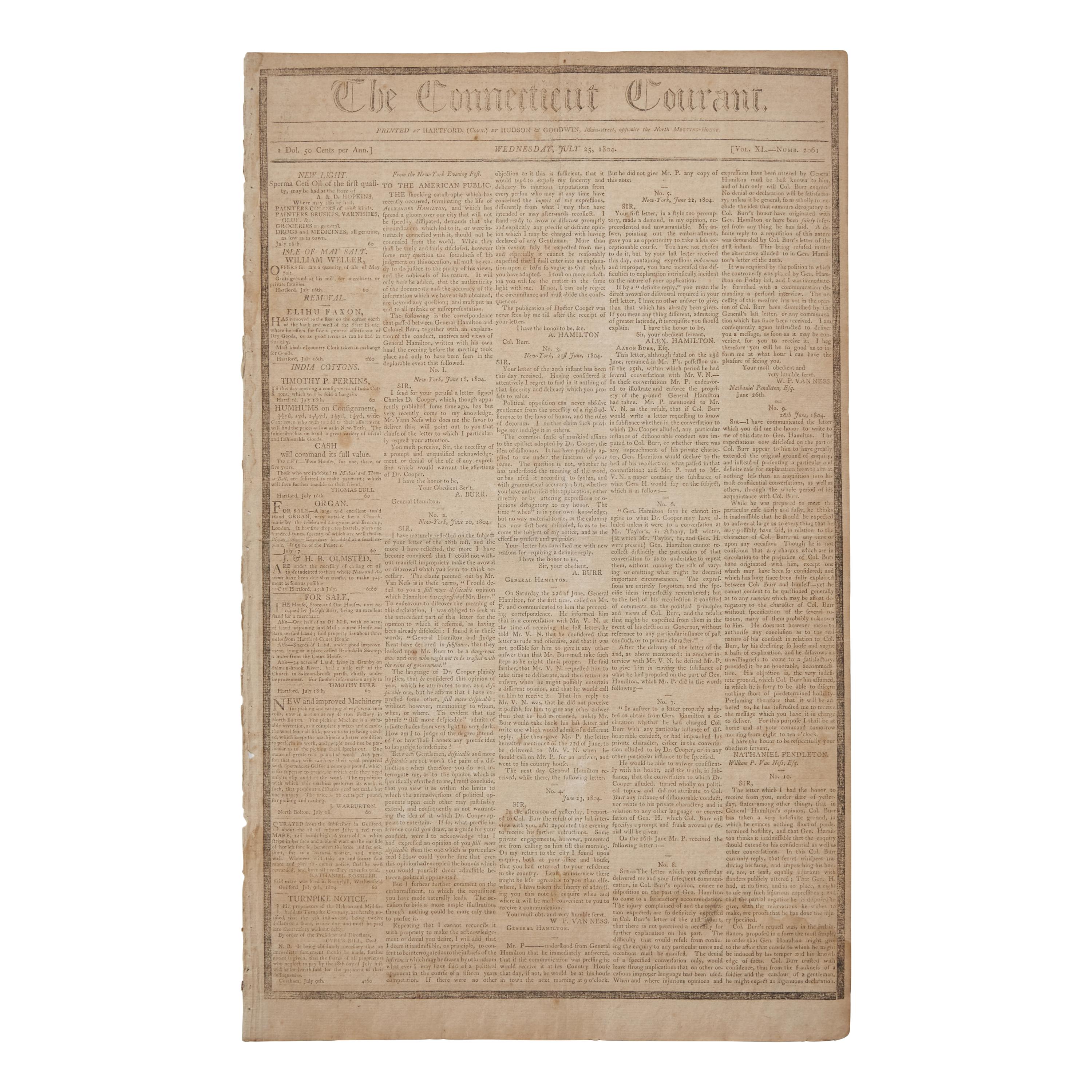 [American Newspapers] [Burr-Hamilton Duel] A Scarce Issue of this Connecticut Newspaper Largely Dedicated to the Aftermath of the Fatal Duel Between Alexander Hamilton and Aaron Burr