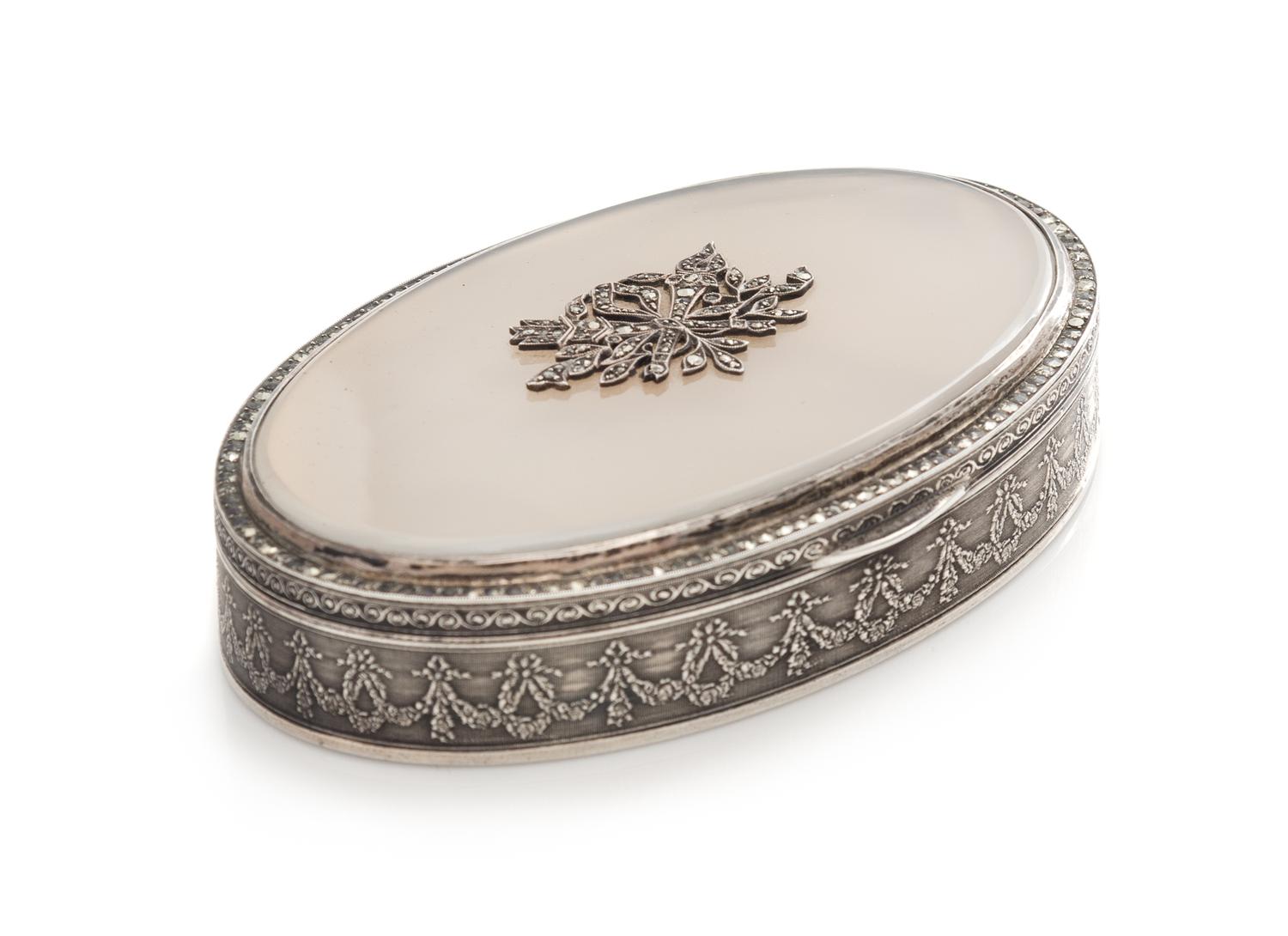 A German Silver and Hardstone Inset Snuff Box, Meyle & Mayer, Pforzheim, 20th Century, of oval form, the sides with a continuous band o