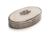 A German Silver and Hardstone Inset Snuff Box, Meyle & Mayer, Pforzheim, 20th Century, of oval form, the sides with a continuous band o
