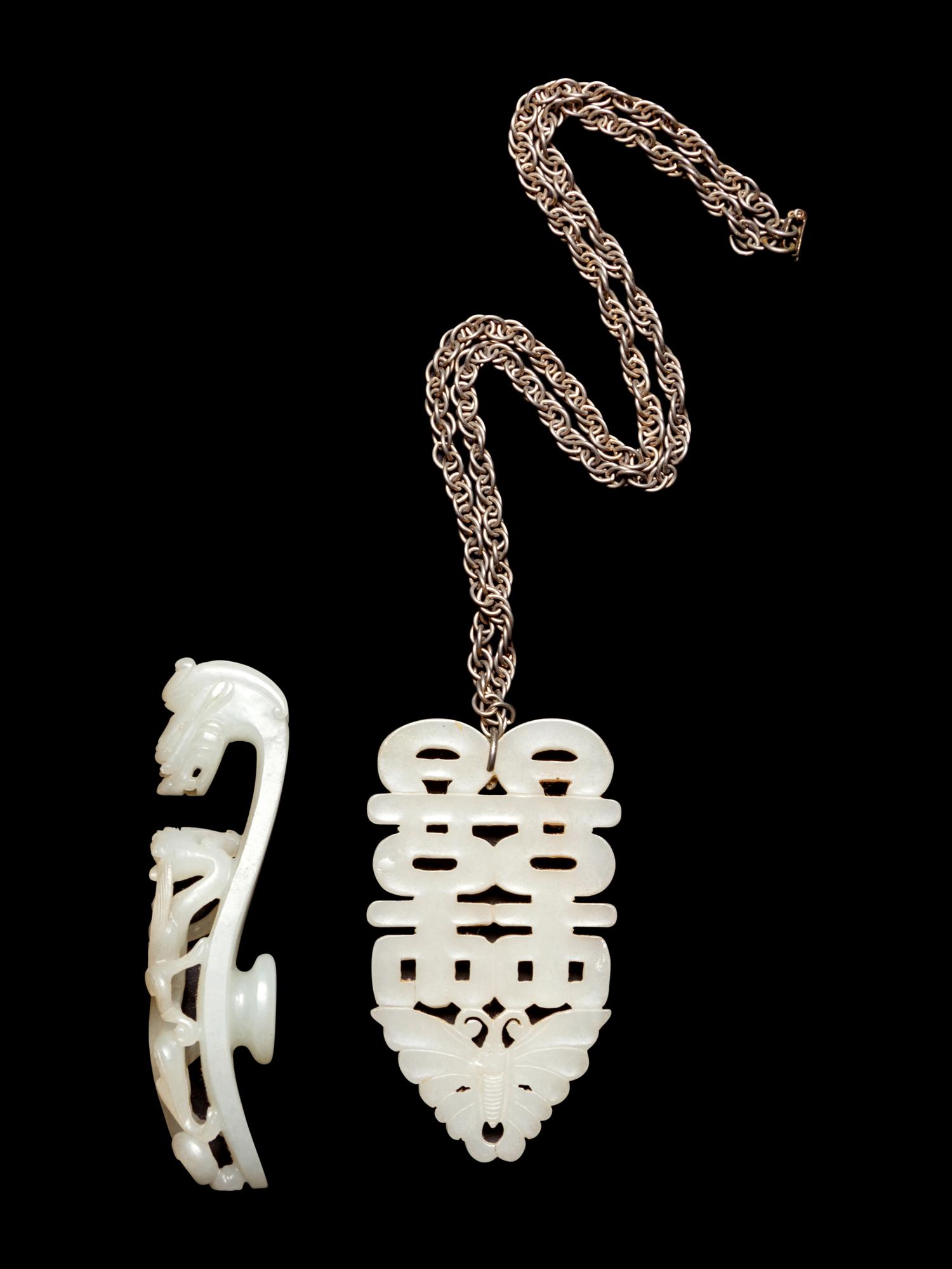 A White Jade 'Dragon' Belt Hook and A White Jade 'Double Happiness' Pendant