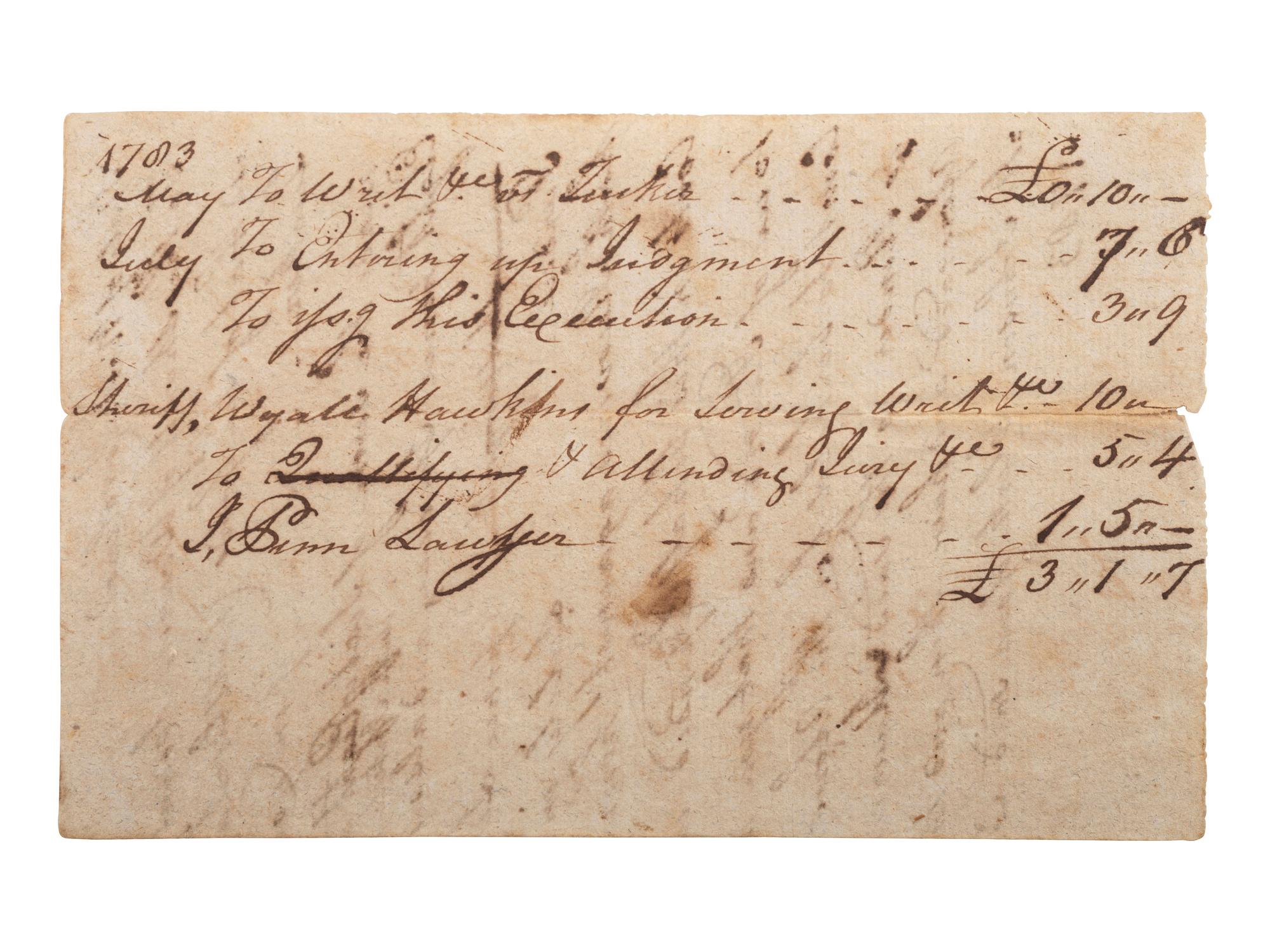 Autograph document signed ("J. Penn") by North Carolina Founding Father John Penn. 1783.