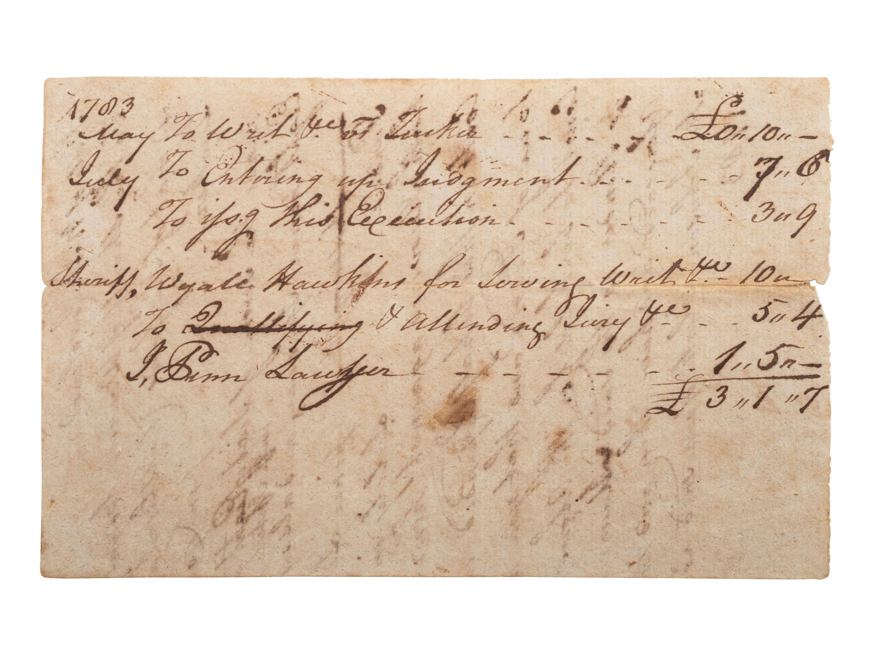 Autograph document signed ("J. Penn") by North Carolina Founding Father John Penn. 1783.