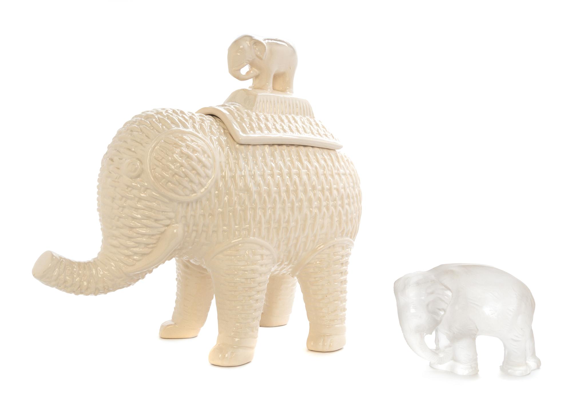 Two Elephant-Form Decorative Articles Height of tallest 12 inches.