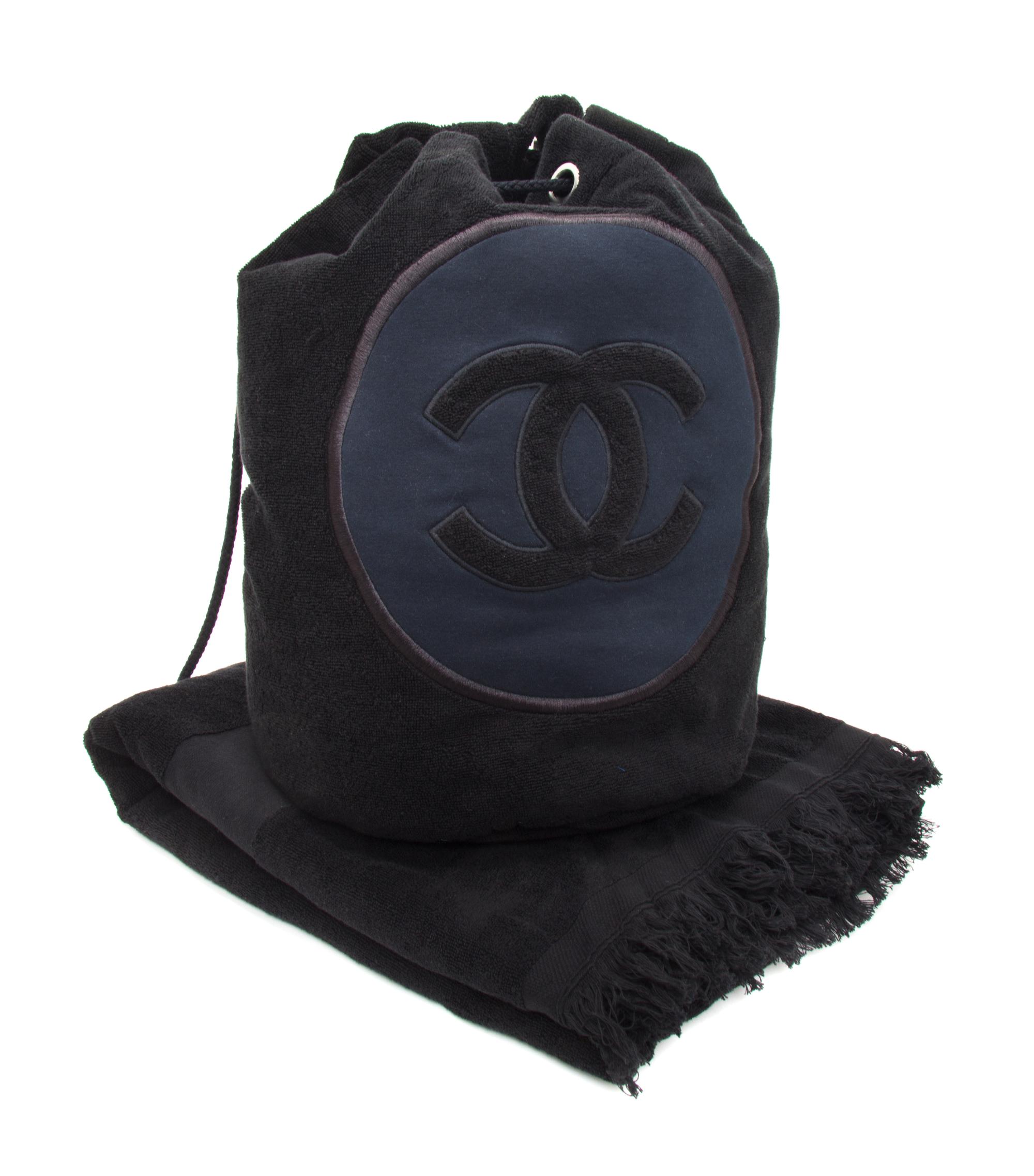 A Chanel Black Terry Cloth Drawstring Pool Bag, 18" x 18".