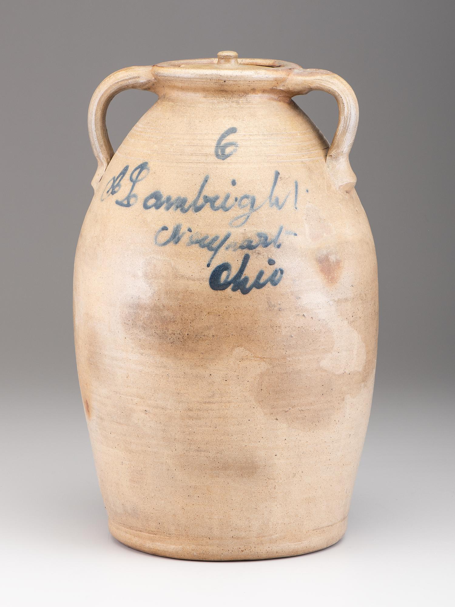 A Cobalt Script Decorated Six-Gallon Stoneware Jar