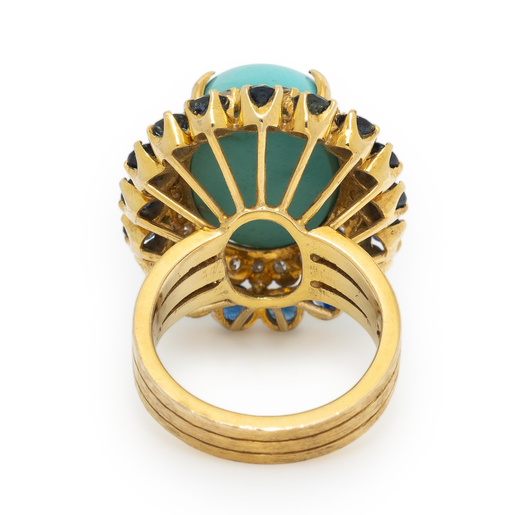 TURQUOISE, SAPPHIRE, DIAMOND, AND YELLOW GOLD RING