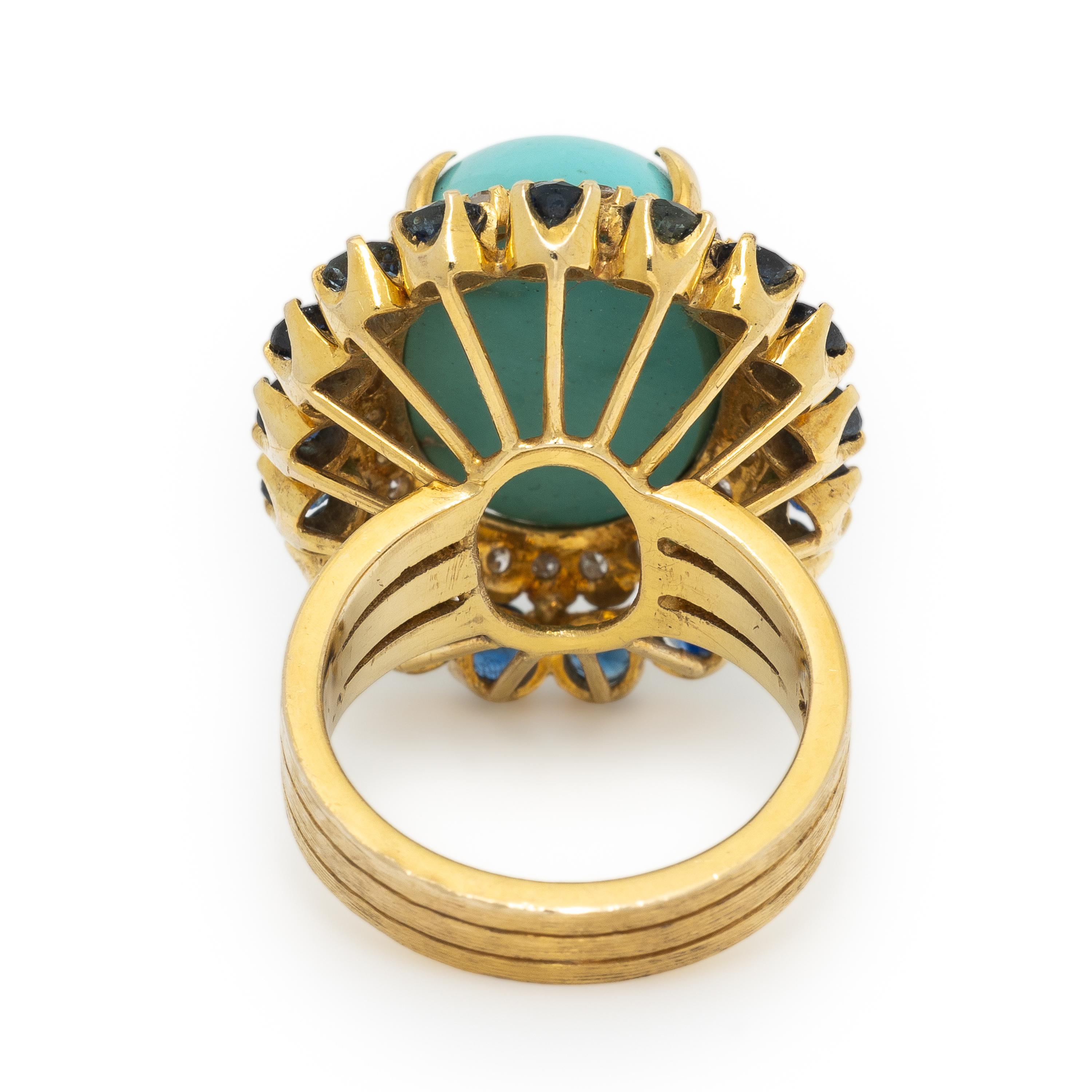 TURQUOISE, SAPPHIRE, DIAMOND, AND YELLOW GOLD RING