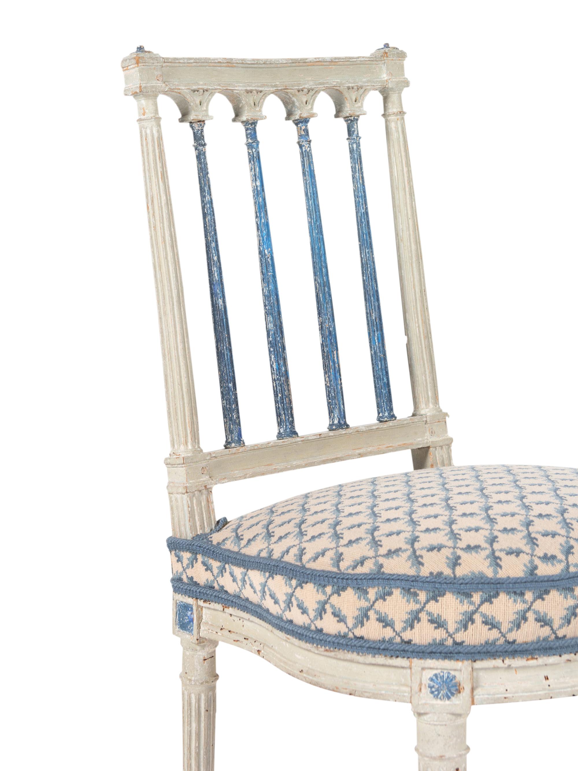 A Set of Four Louis XVI Blue and White-Painted Side Chairs