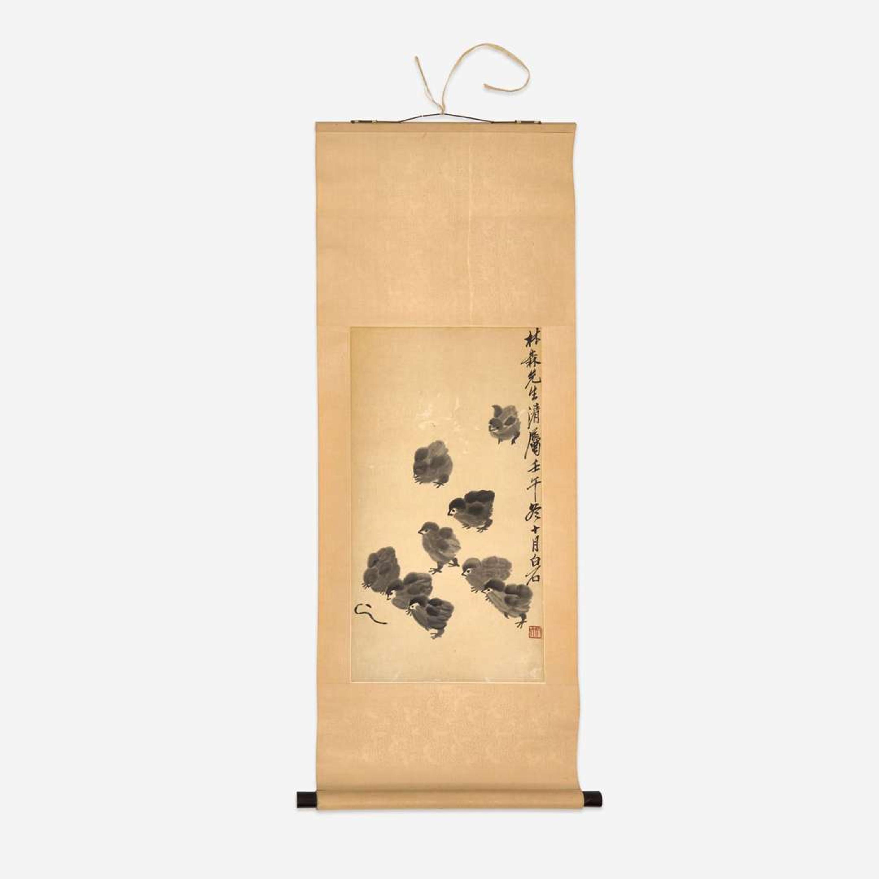 Attributed to Qi Baishi 齐白石（款） 雏鸡捉虫图 (Chinese b.1864-d.1957)