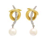 A Pair of Platinum, 18 Karat Yellow Gold, Diamond and Cultured Pearl Earrings, 4.40 dwts.