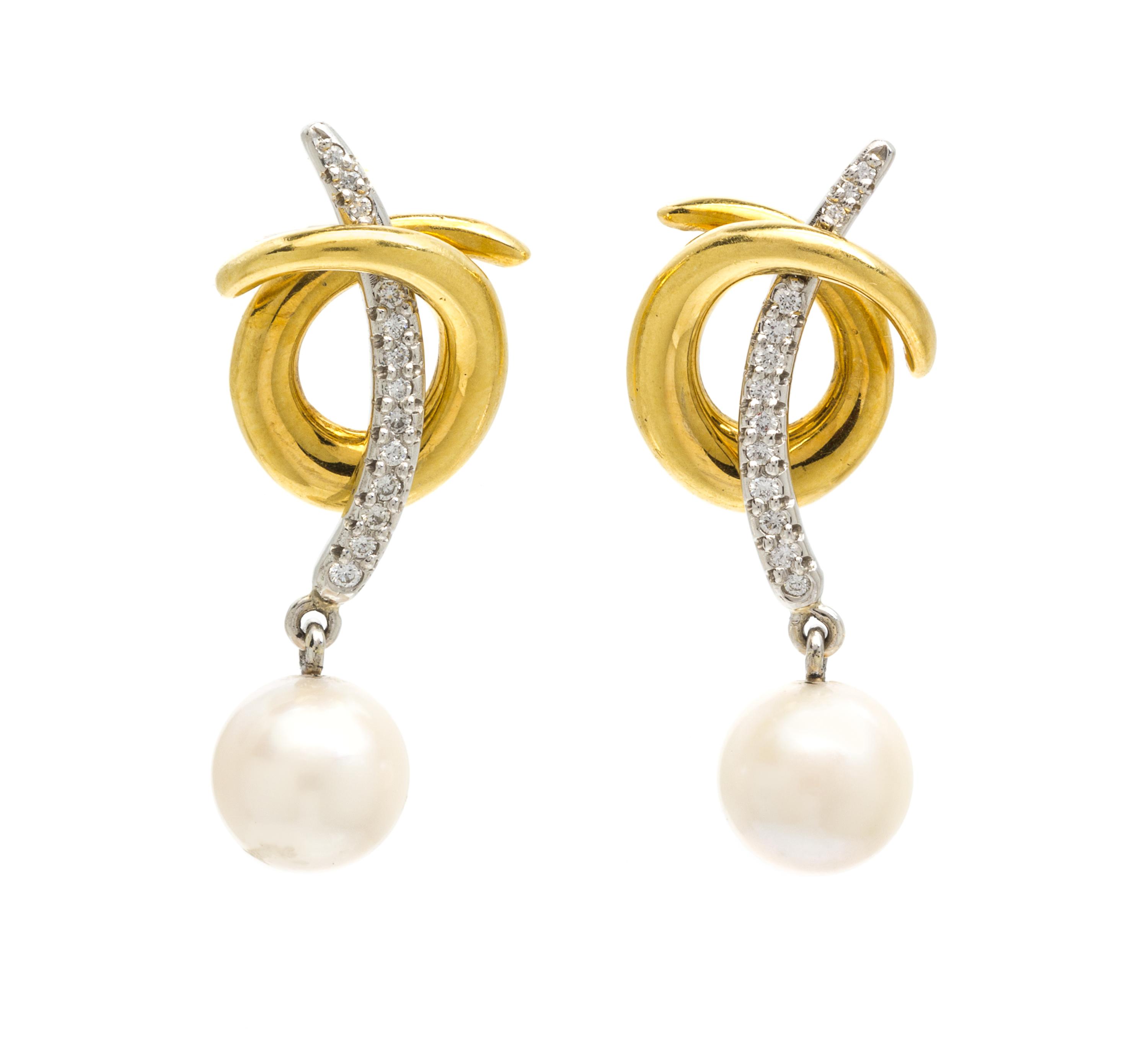 A Pair of Platinum, 18 Karat Yellow Gold, Diamond and Cultured Pearl Earrings, 4.40 dwts.