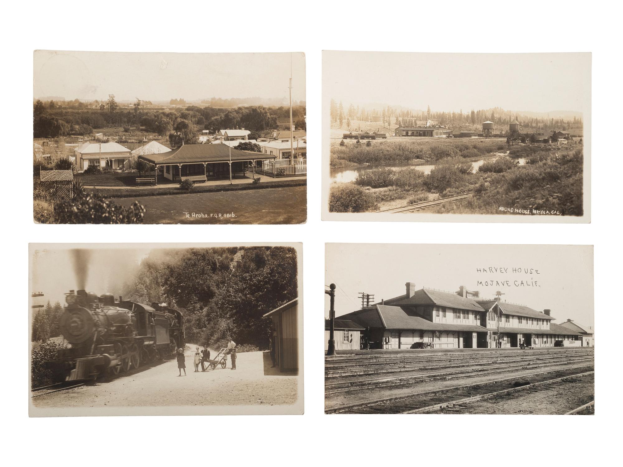 [RAILROADS]. Over 120 RPPCs & photographs of railroad stations, train depots, and roundhouses.