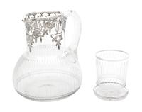 A Silver Overlay Glass Pitcher and Cup Height of pitcher 6 5/8 inches.