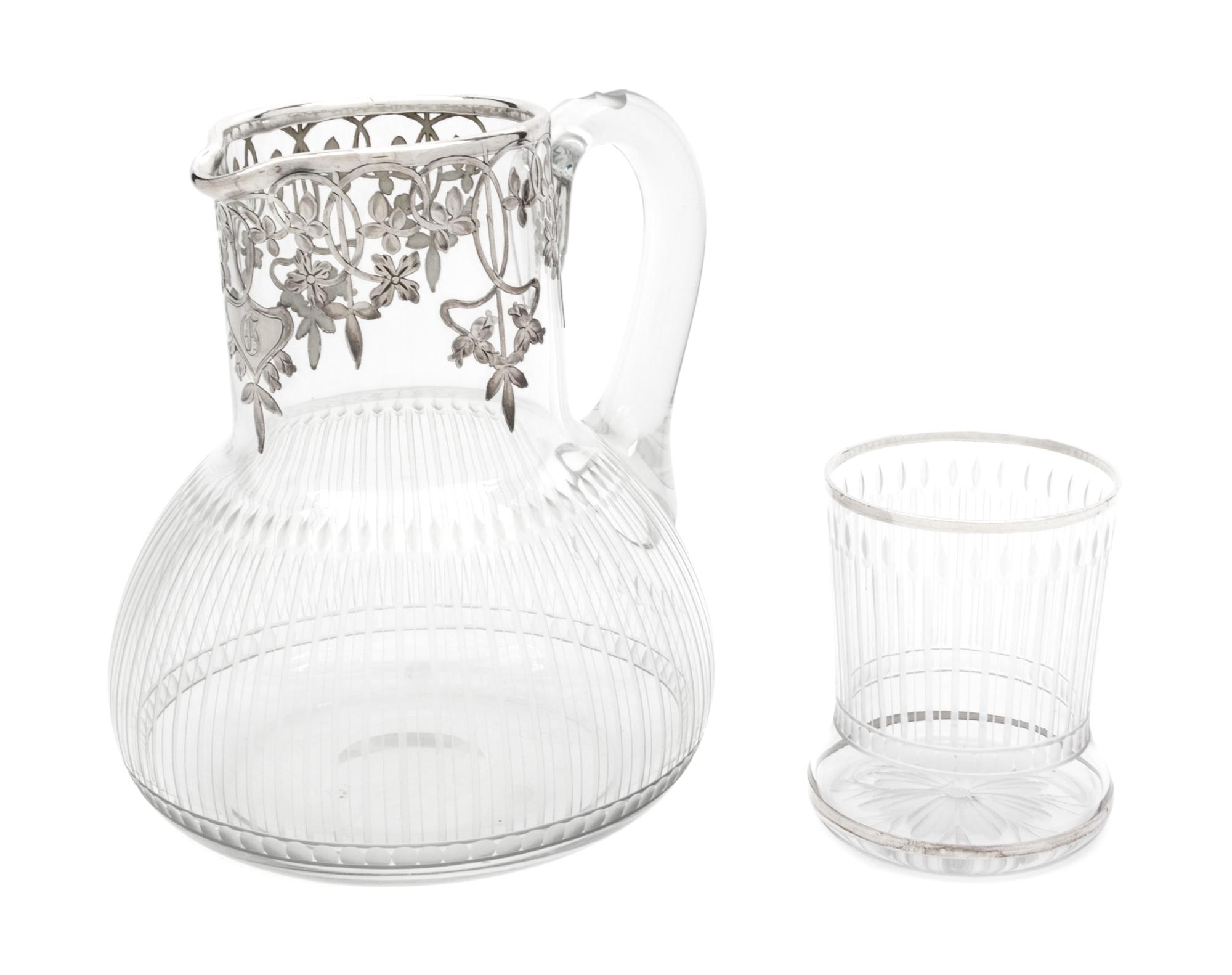 A Silver Overlay Glass Pitcher and Cup Height of pitcher 6 5/8 inches.