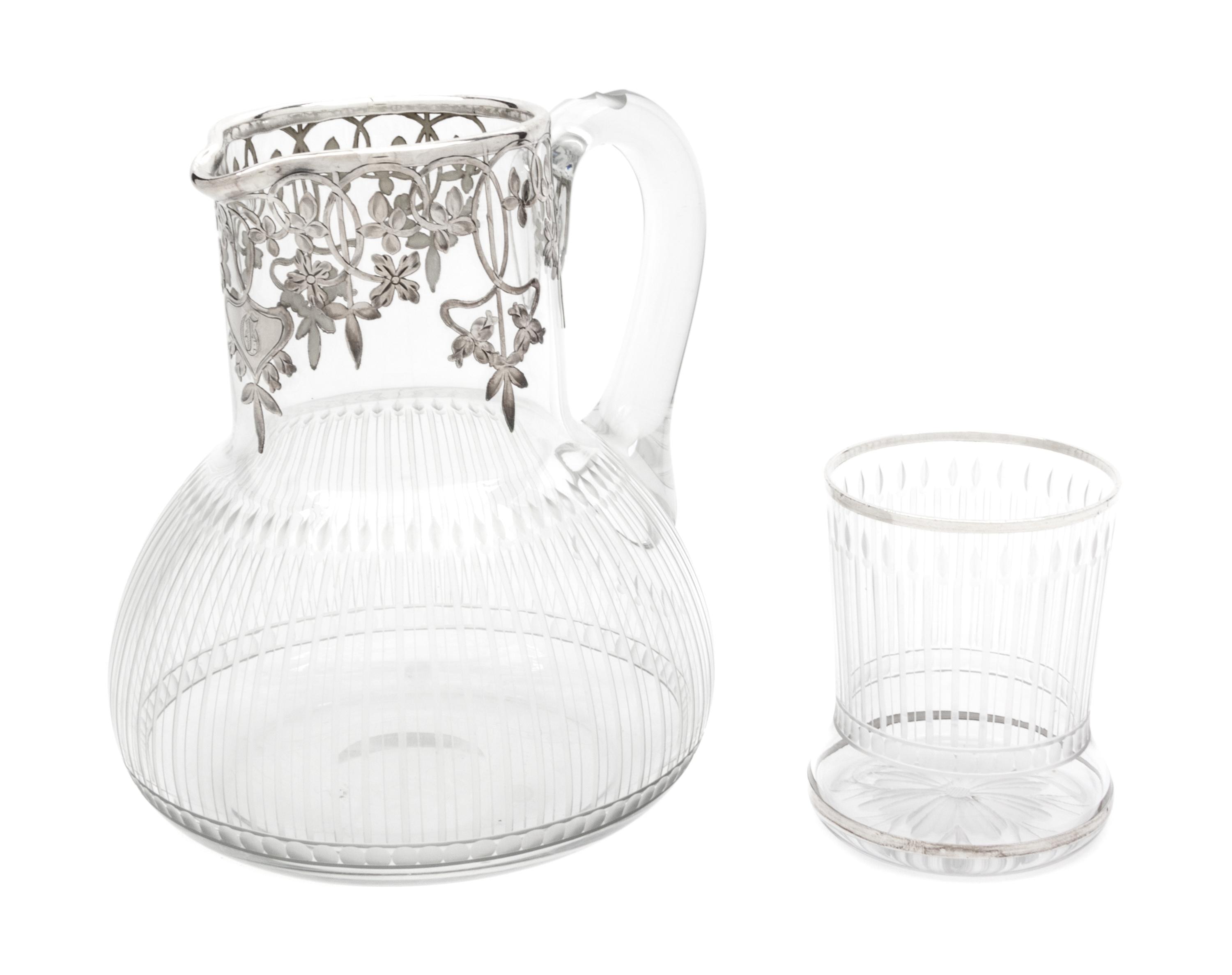 A Silver Overlay Glass Pitcher and Cup Height of pitcher 6 5/8 inches.