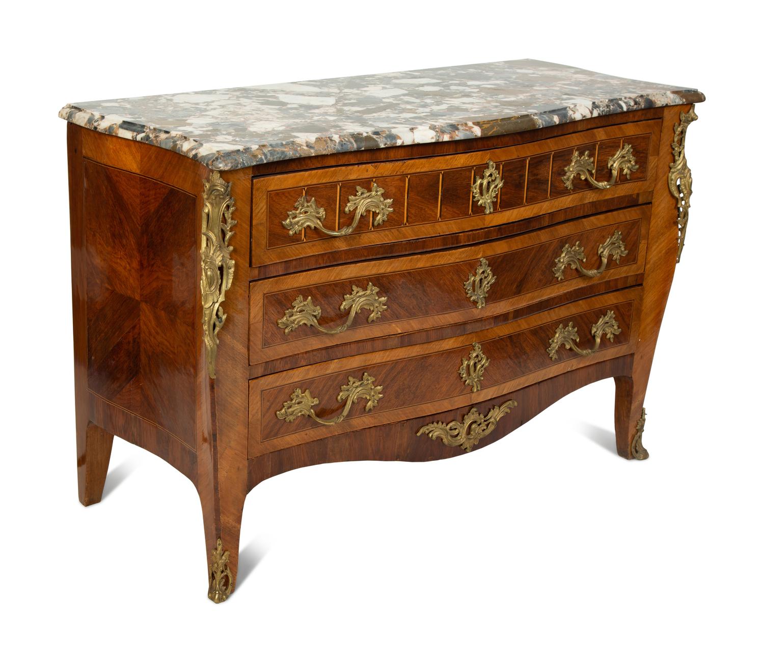 A Regence Style Gilt Bronze Mounted Crossbanded Marble-Top Commode — 19TH CENTURY