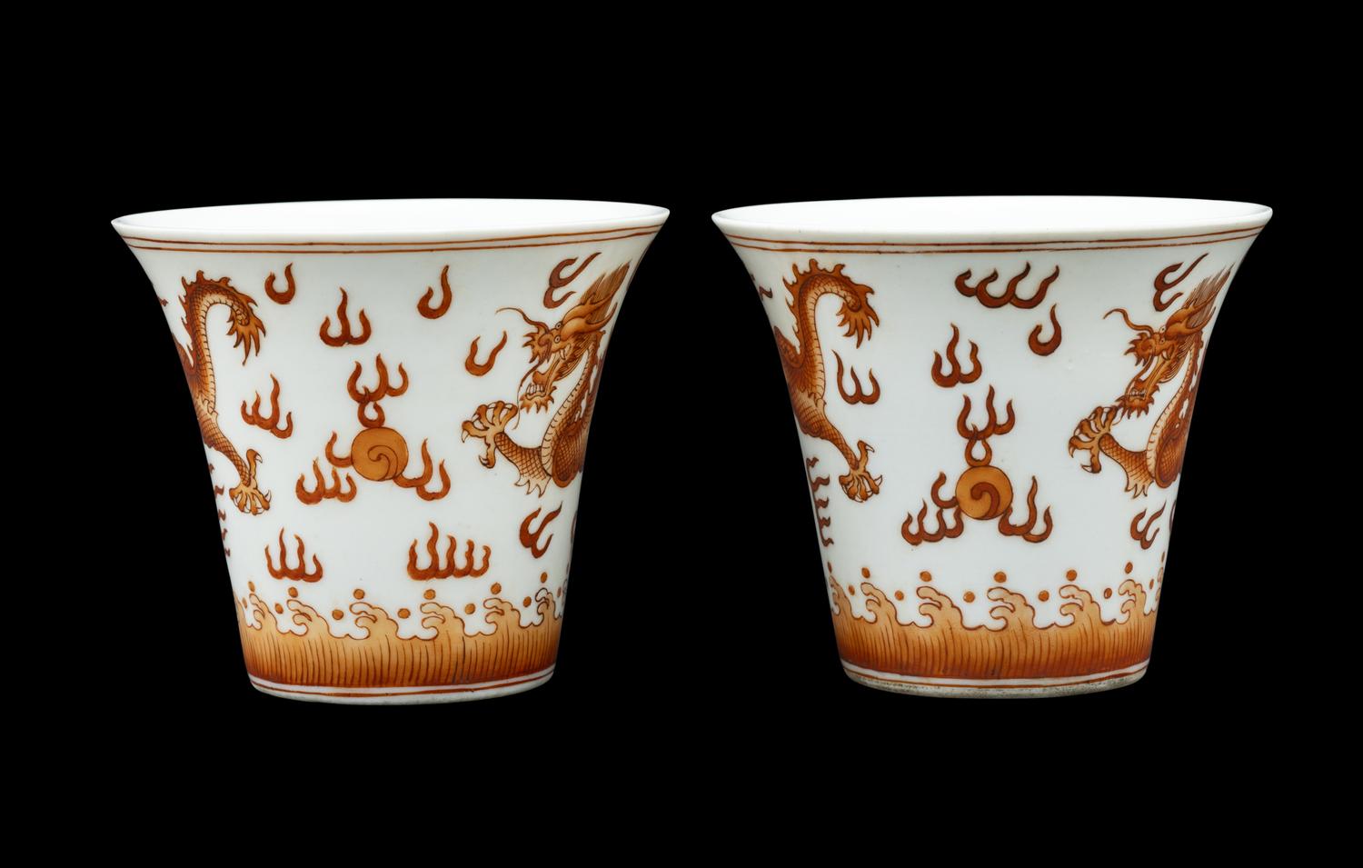 A Pair of Chinese Iron Red Glazed Porcelain 'Dragon' Cups