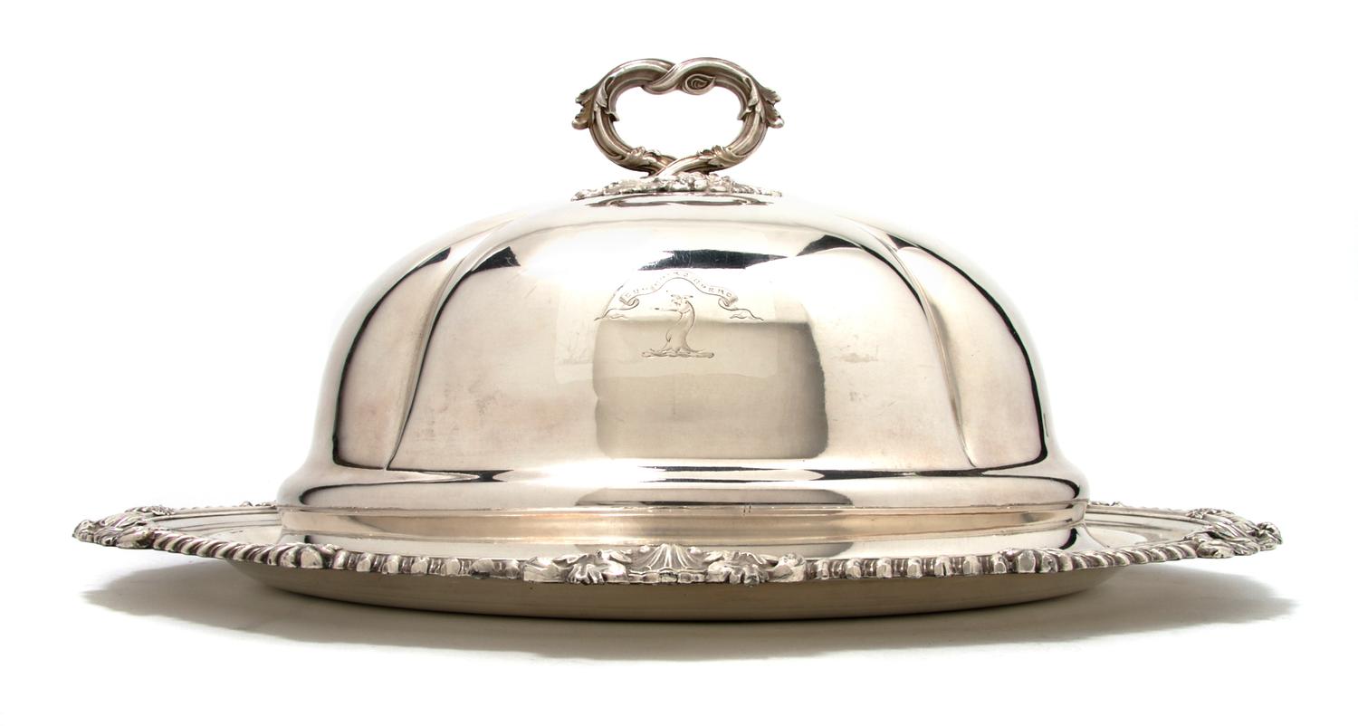 An English Silverplate Cloche and Tray, Width 18 inches.