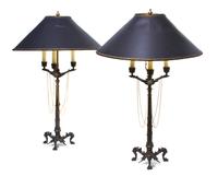 A Pair of Neoclassical Bronze Three-Light Candelabra, Height 26 1/2 inches.