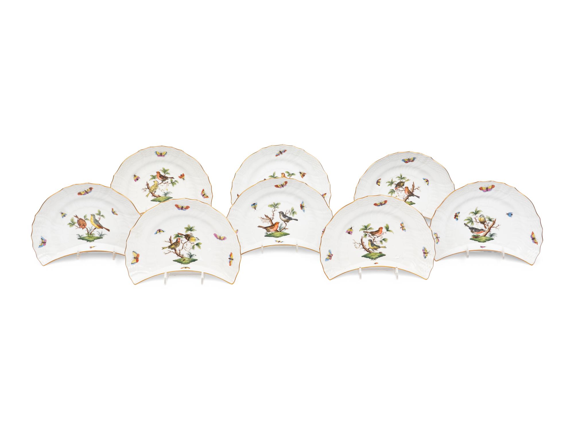A Set of Eight Herend Rothschild Bird Crescent-Form Side Plates